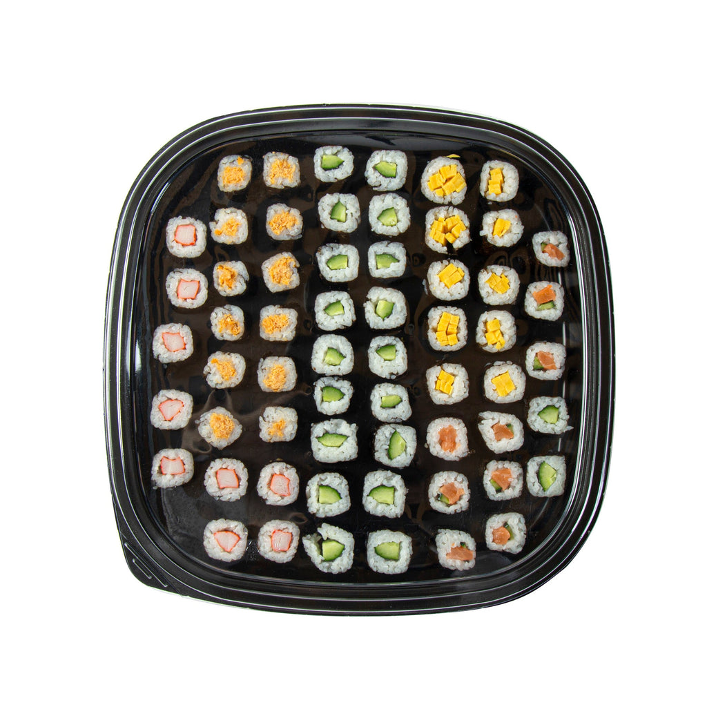 Roku Square Black Plastic Take Out Sushi Tray - with Clear Lid - 12 1/2" x 12 1/2" x 1 3/4" - 100 count box