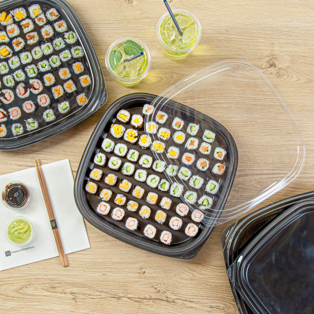 Roku Square Black Plastic Take Out Sushi Tray - with Clear Lid - 12 1/2" x 12 1/2" x 1 3/4" - 100 count box