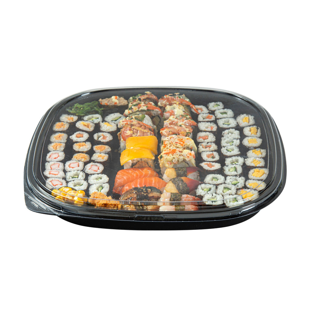 Roku Square Black Plastic Take Out Sushi Tray - with Clear Lid - 13 1/2" x 13 1/2" x 1 3/4" - 50 count box