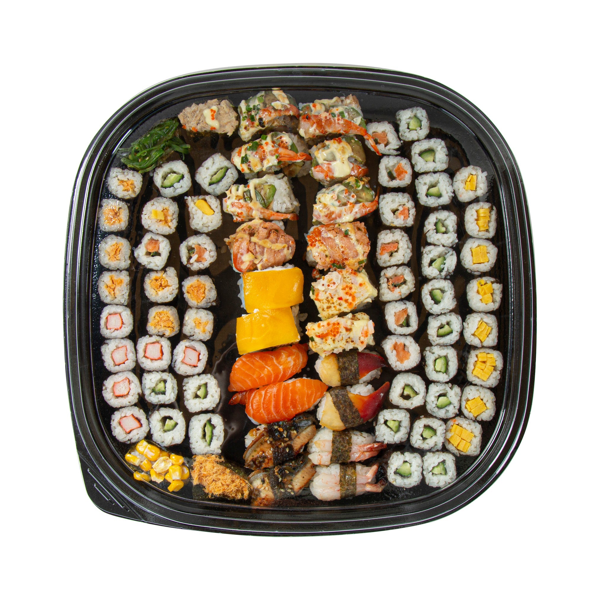 Roku Square Black Plastic Take Out Sushi Tray - with Clear Lid - 13 1/2" x 13 1/2" x 1 3/4" - 50 count box