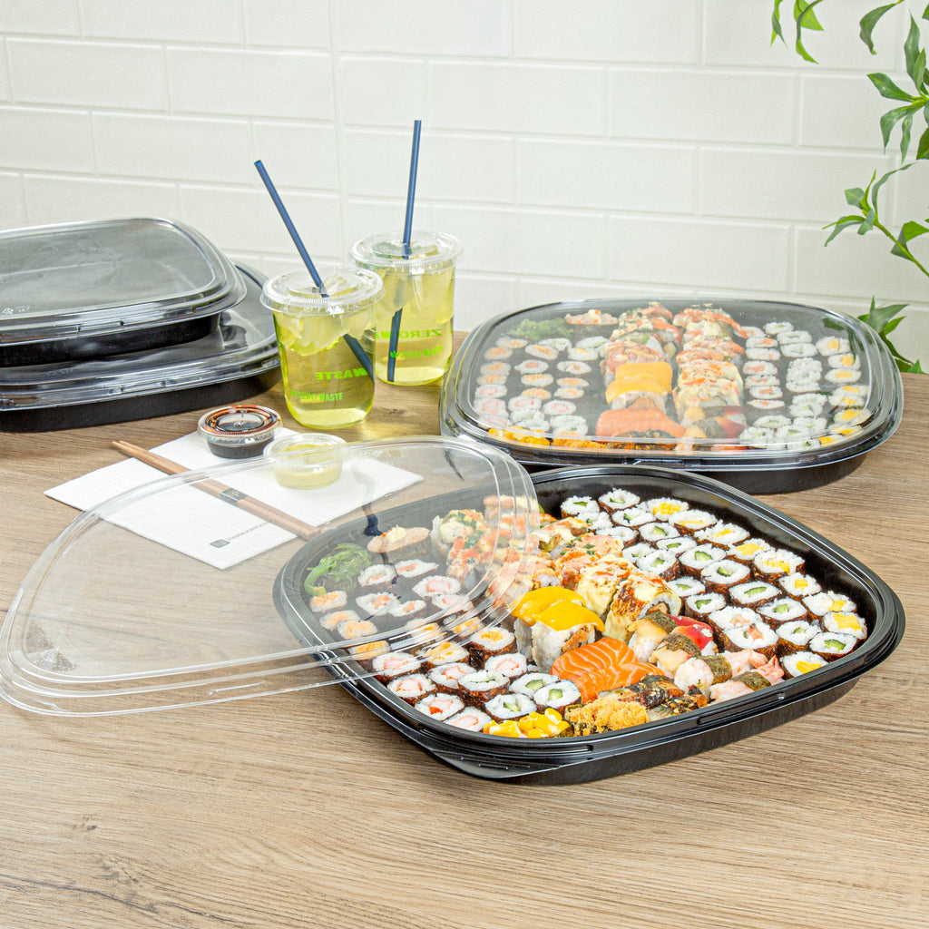 Roku Square Black Plastic Take Out Sushi Tray - with Clear Lid - 13 1/2" x 13 1/2" x 1 3/4" - 50 count box