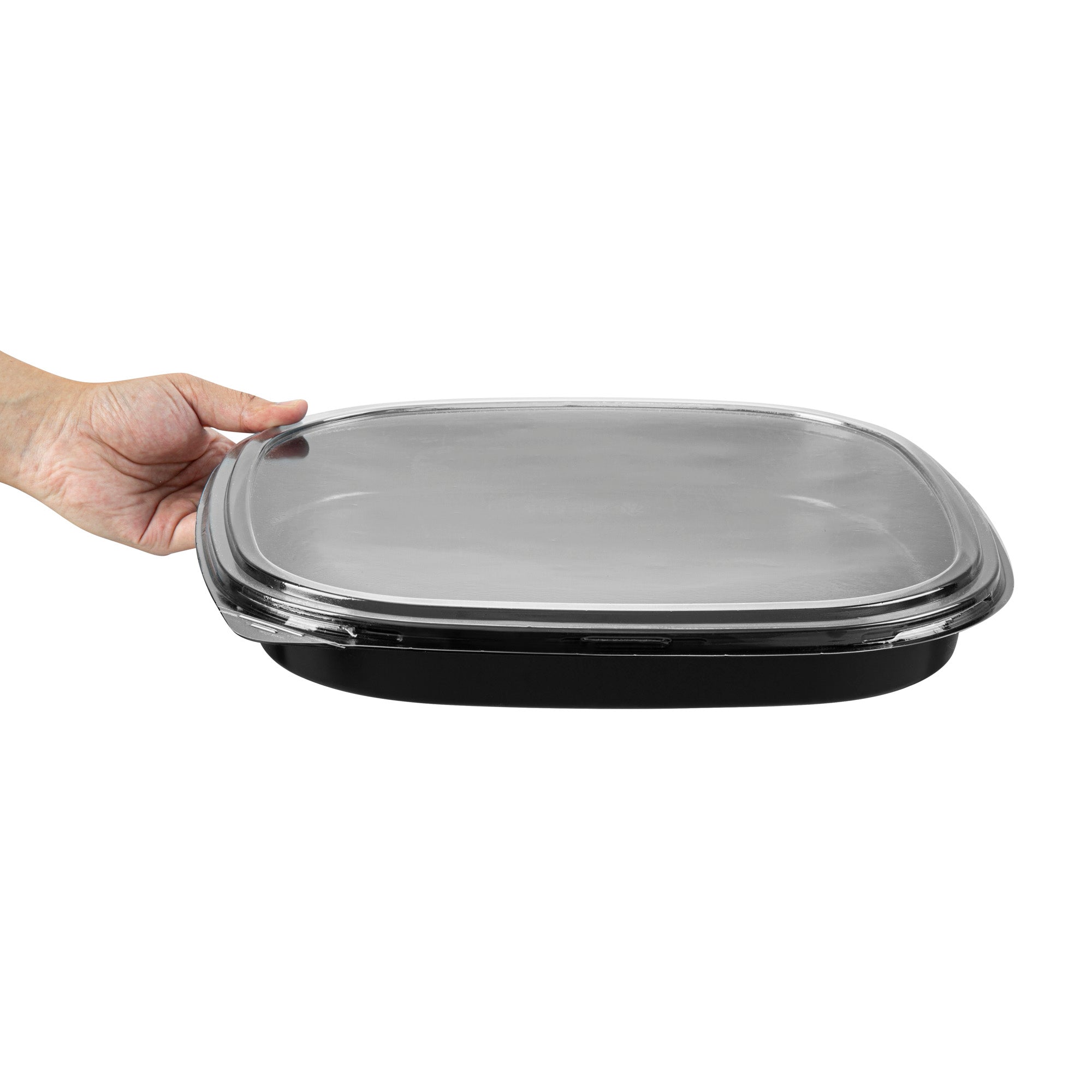 Roku Square Black Plastic Take Out Sushi Tray - with Clear Lid - 13 1/2" x 13 1/2" x 1 3/4" - 100 count box