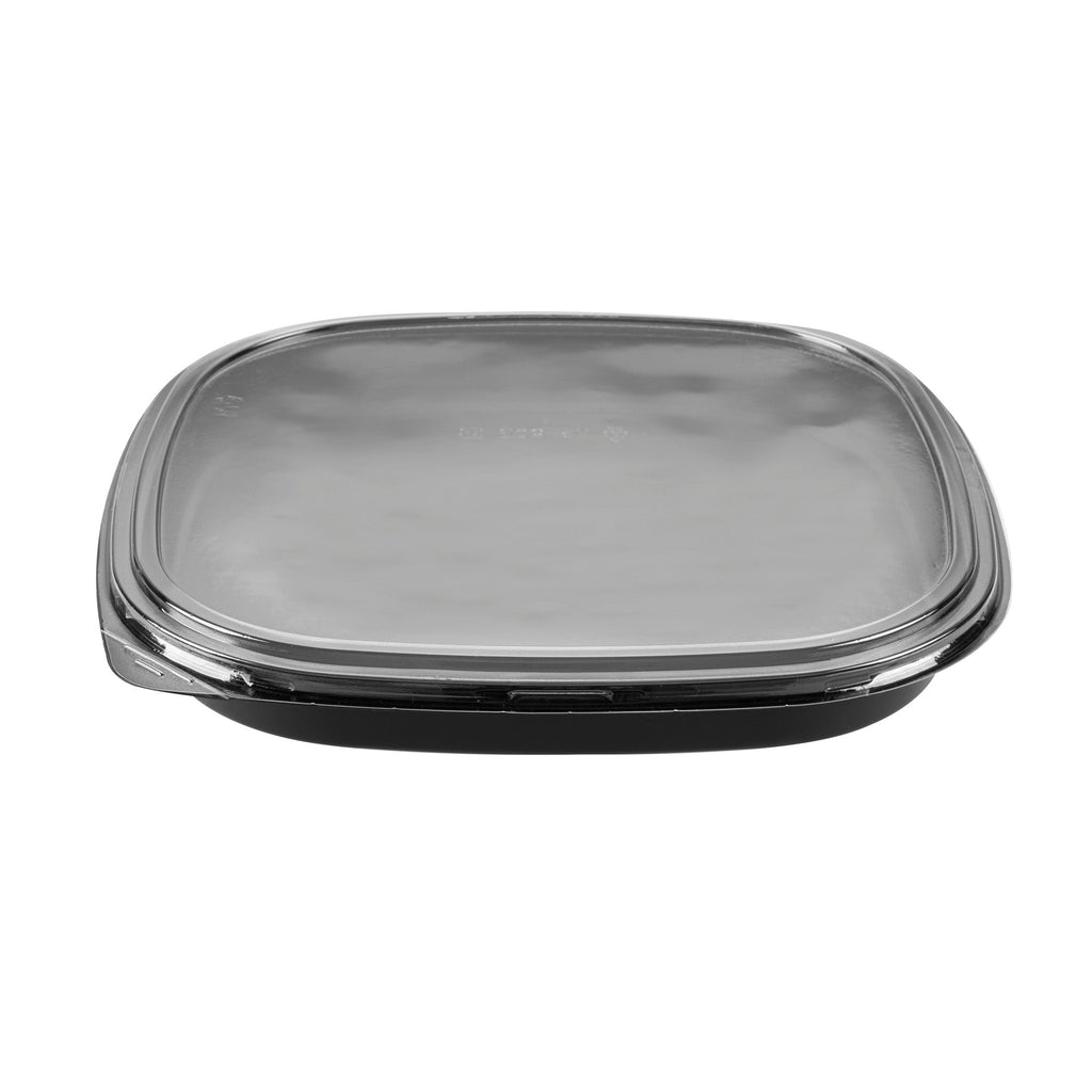 Roku Square Black Plastic Take Out Sushi Tray - with Clear Lid - 13 1/2" x 13 1/2" x 1 3/4" - 100 count box