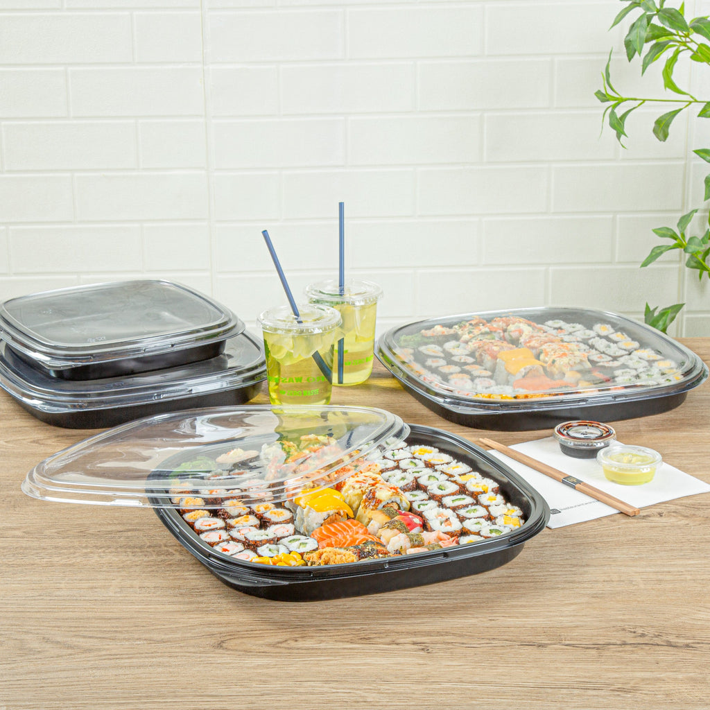 Roku Square Black Plastic Take Out Sushi Tray - with Clear Lid - 13 1/2" x 13 1/2" x 1 3/4" - 100 count box