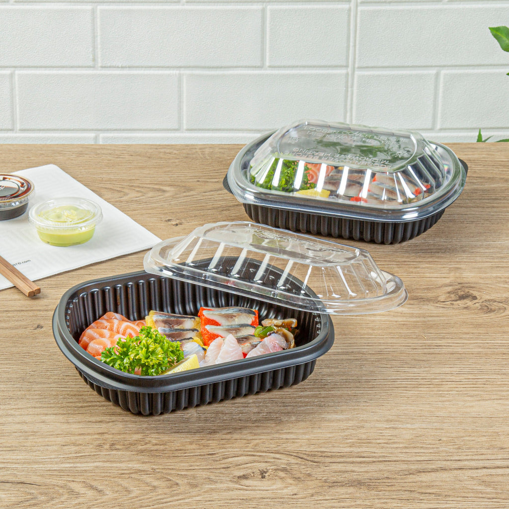 Chef 101 24 oz Rectangle Black Plastic Food Container - with Clear Lid, Microwavable - 7 3/4" x 6 1/4" x 2 1/4" - 50 count box