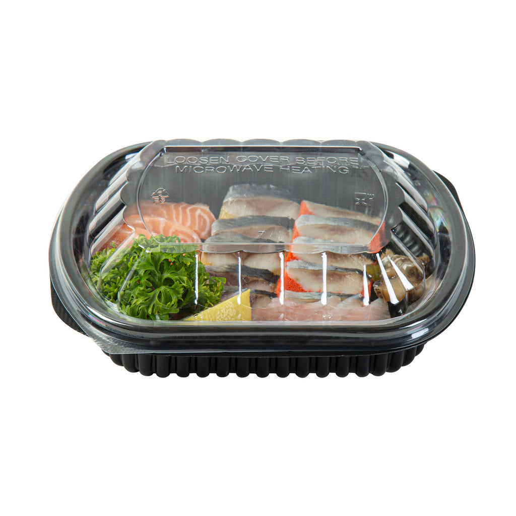 Chef 101 24 oz Rectangle Black Plastic Food Container - with Clear Lid, Microwavable - 7 3/4" x 6 1/4" x 2 1/4" - 50 count box