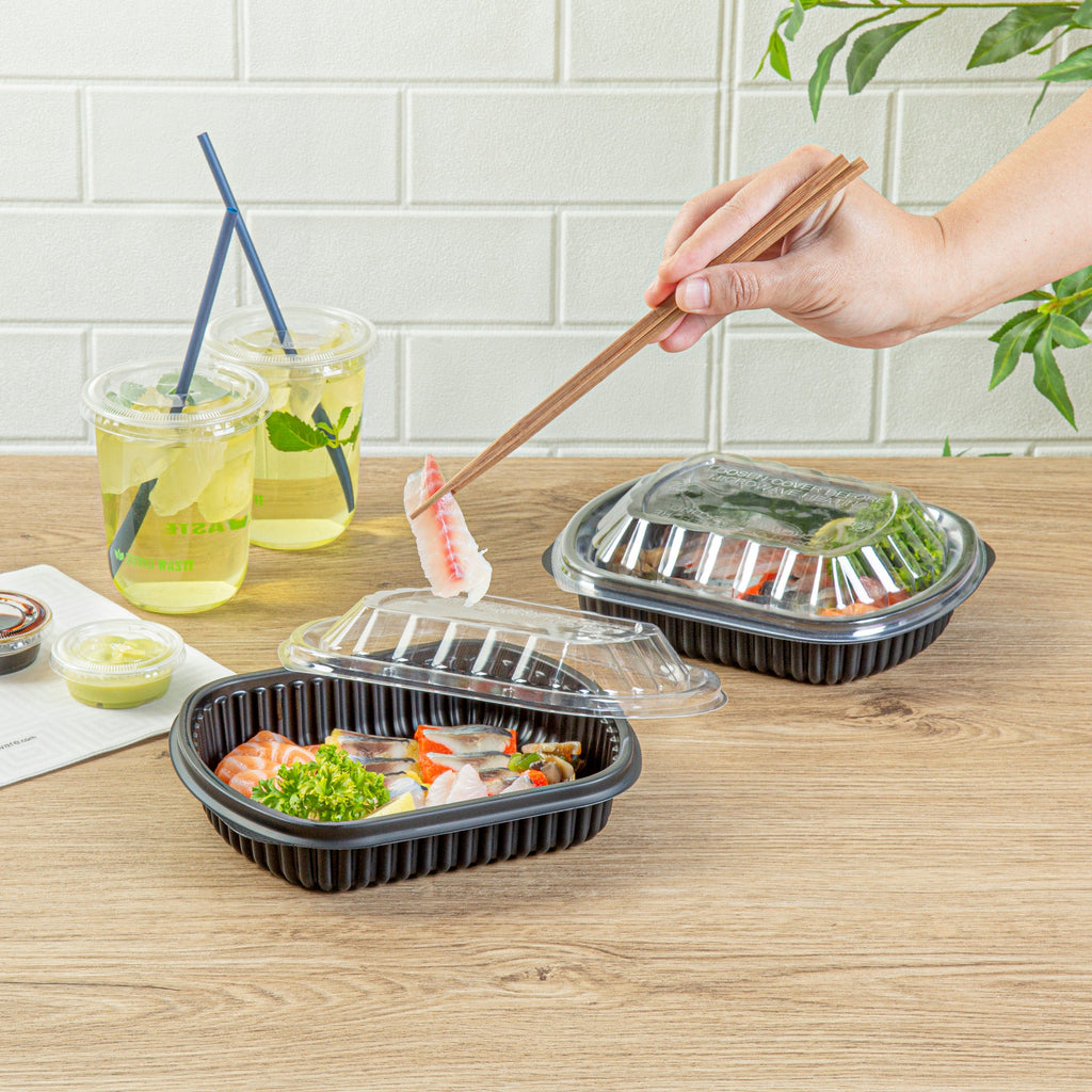 Chef 101 24 oz Rectangle Black Plastic Food Container - with Clear Lid, Microwavable - 7 3/4" x 6 1/4" x 2 1/4" - 50 count box