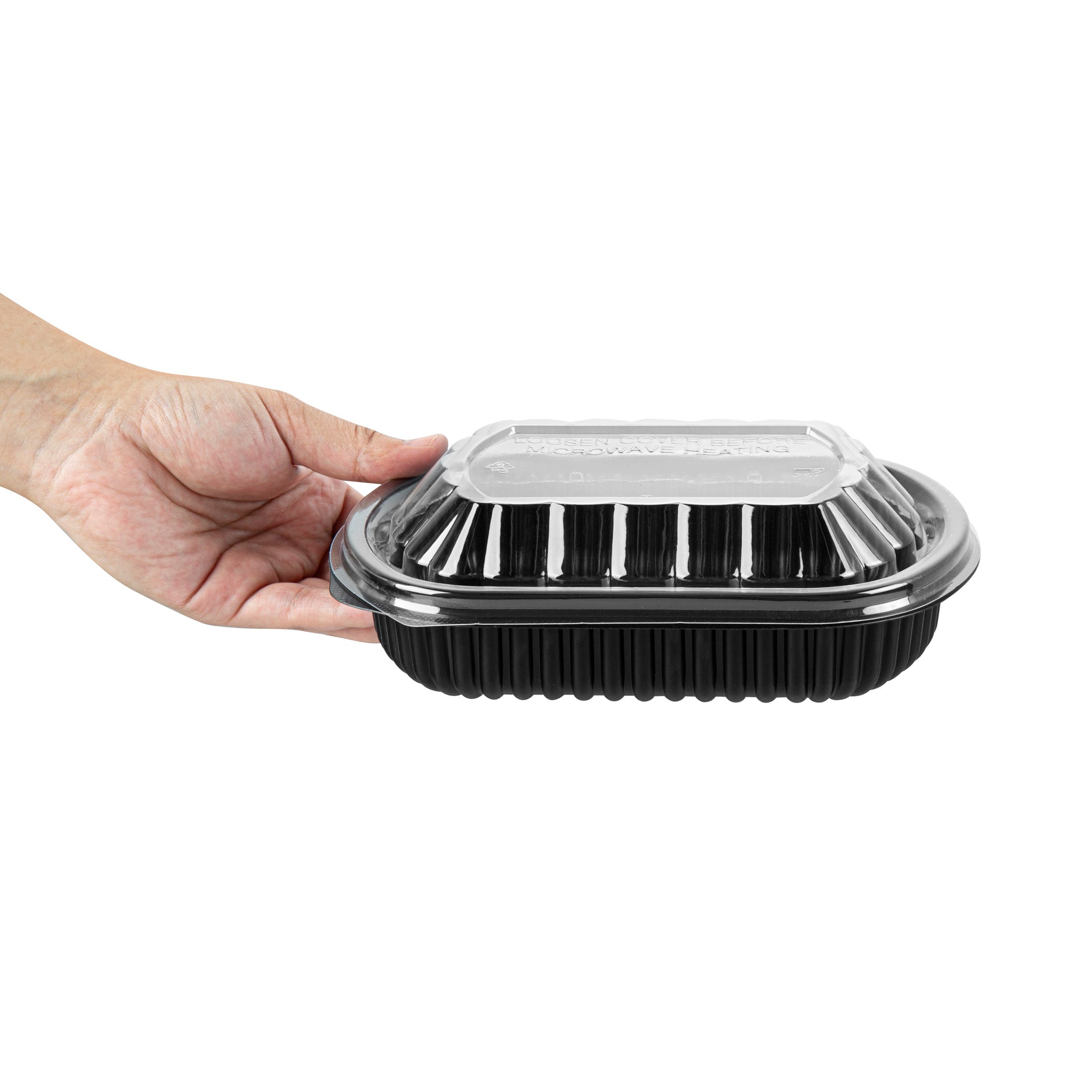 Chef 101 24 oz Rectangle Black Plastic Food Container - with Clear Lid, Microwavable - 7 3/4" x 6 1/4" x 2 1/4" - 100 count box