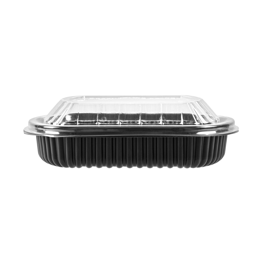 Chef 101 24 oz Rectangle Black Plastic Food Container - with Clear Lid, Microwavable - 7 3/4" x 6 1/4" x 2 1/4" - 100 count box