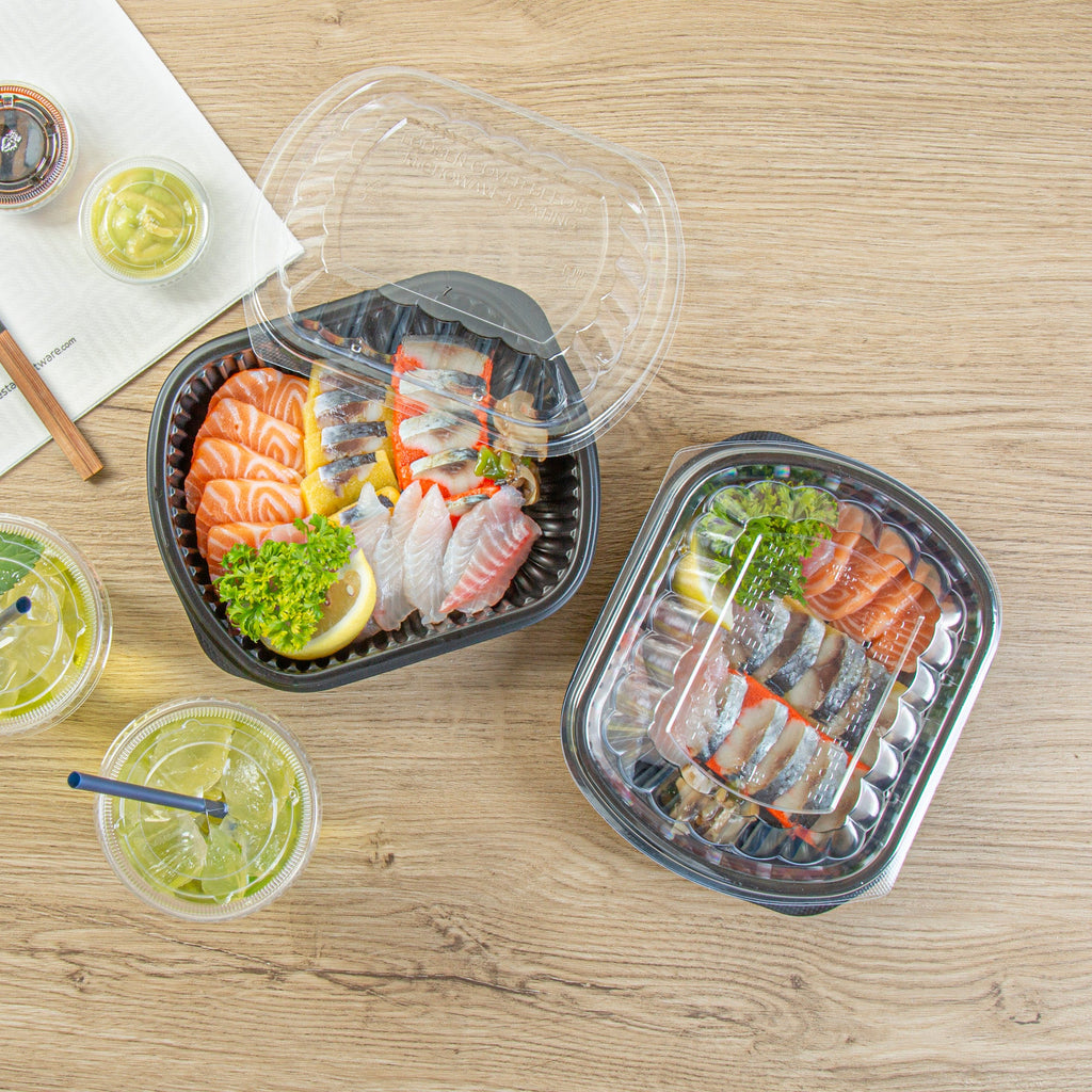 Chef 101 24 oz Rectangle Black Plastic Food Container - with Clear Lid, Microwavable - 7 3/4" x 6 1/4" x 2 1/4" - 100 count box