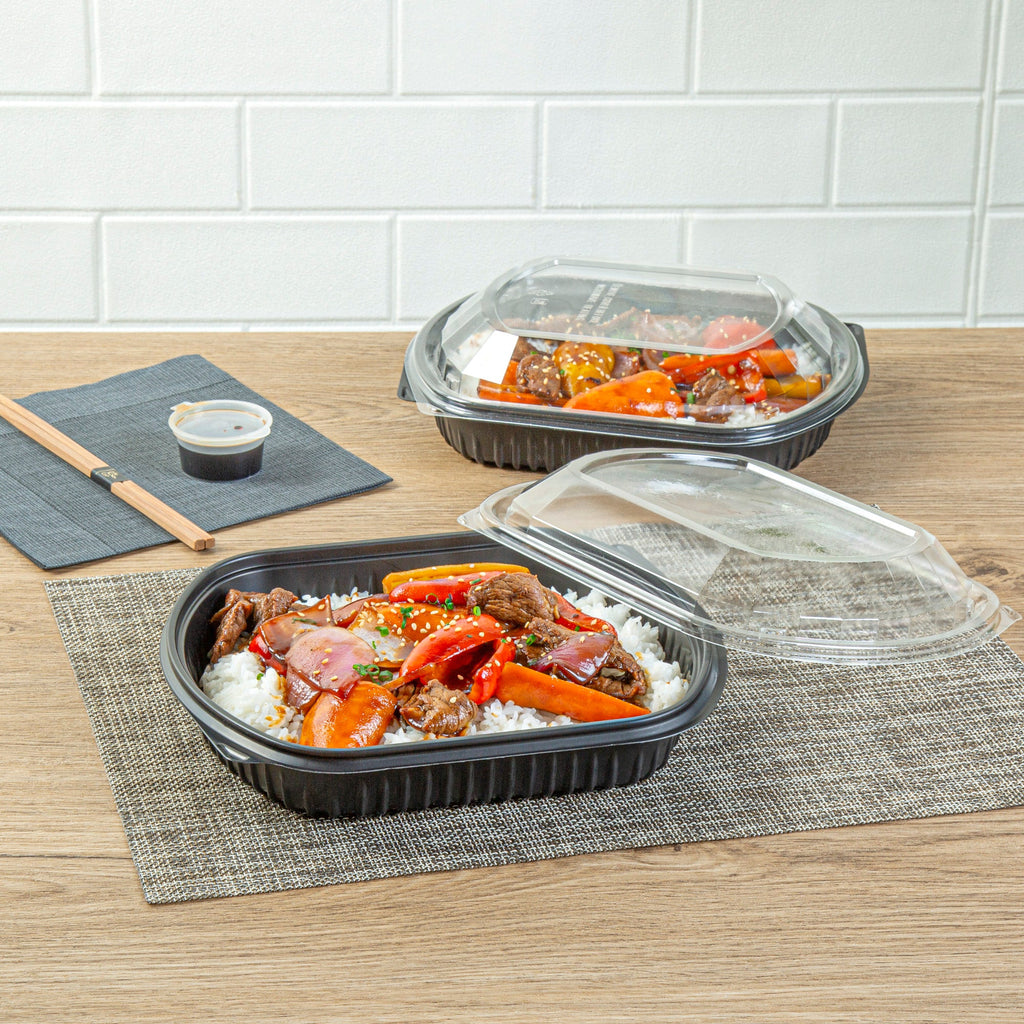Chef 101 36 oz Rectangle Black Plastic Food Container - with Clear Lid, Microwavable - 9 1/4" x 7 3/4" x 2 3/4" - 100 count box