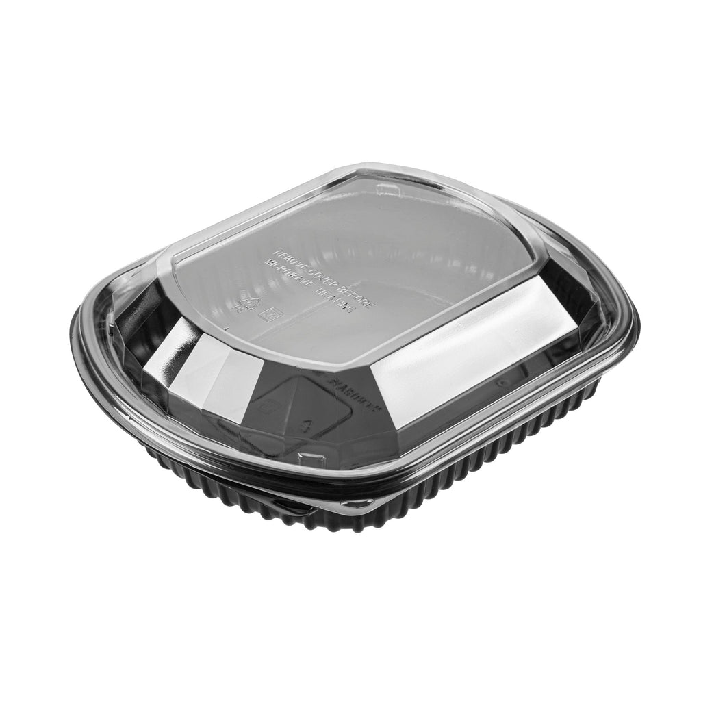 Chef 101 36 oz Rectangle Black Plastic Food Container - with Clear Lid, Microwavable - 9 1/4" x 7 3/4" x 2 3/4" - 50 count box