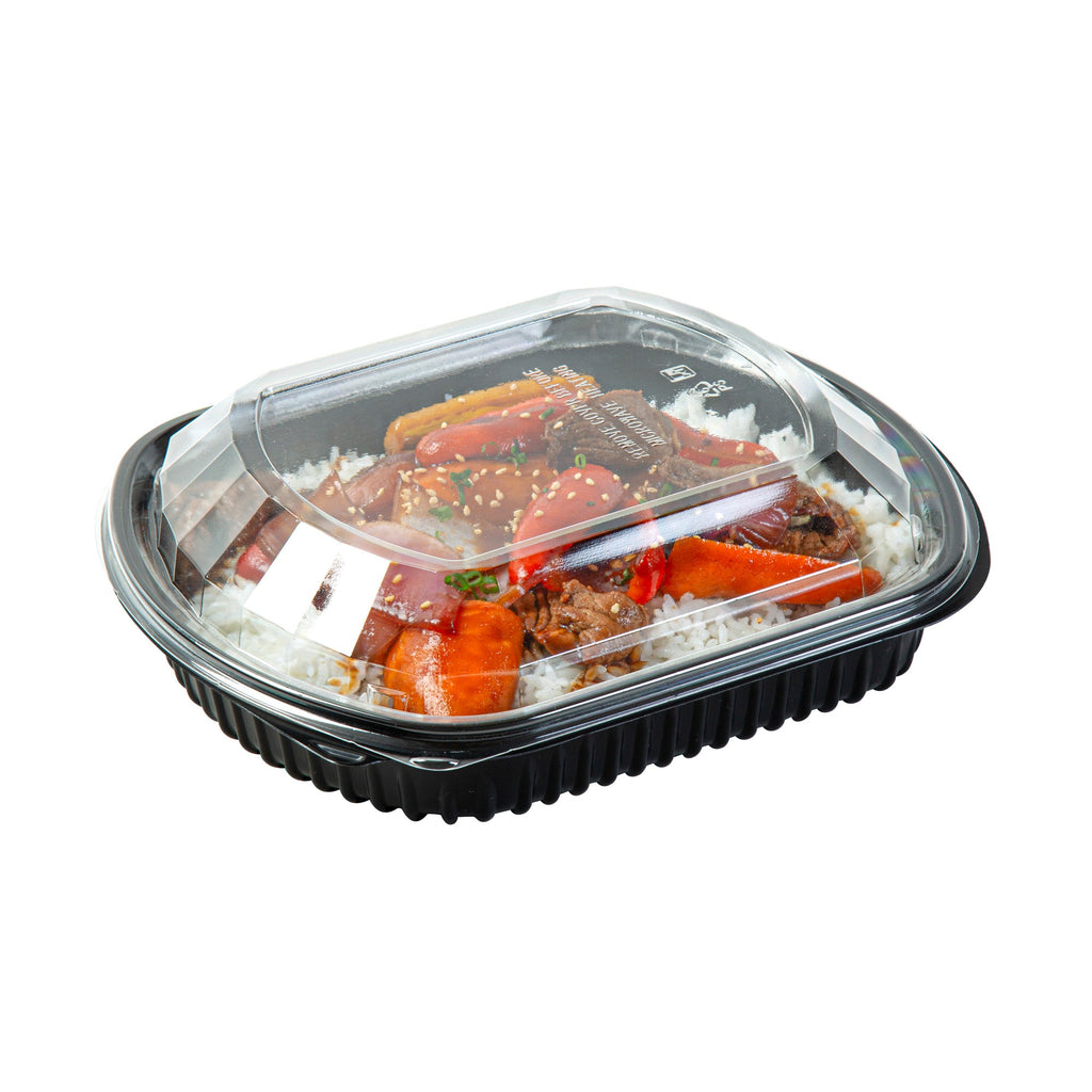 Chef 101 36 oz Rectangle Black Plastic Food Container - with Clear Lid, Microwavable - 9 1/4" x 7 3/4" x 2 3/4" - 50 count box