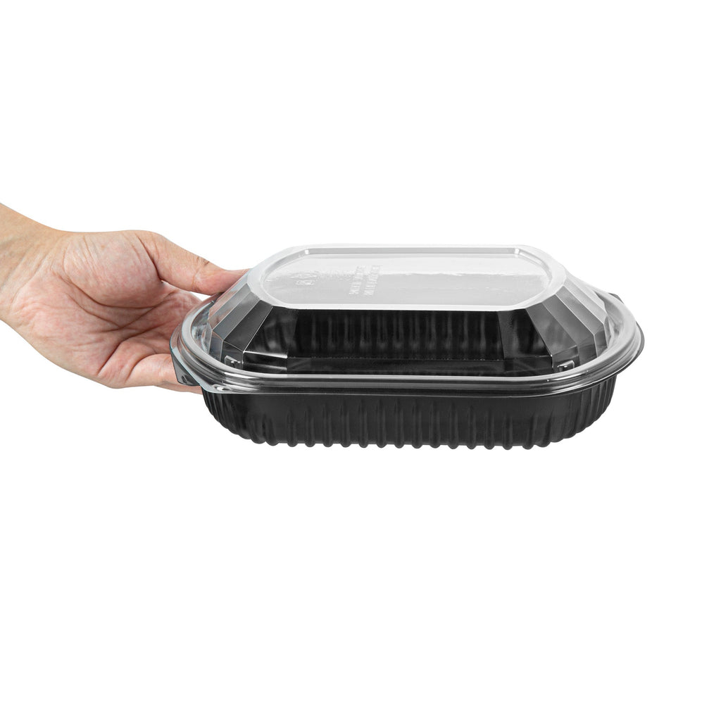 Chef 101 36 oz Rectangle Black Plastic Food Container - with Clear Lid, Microwavable - 9 1/4" x 7 3/4" x 2 3/4" - 50 count box