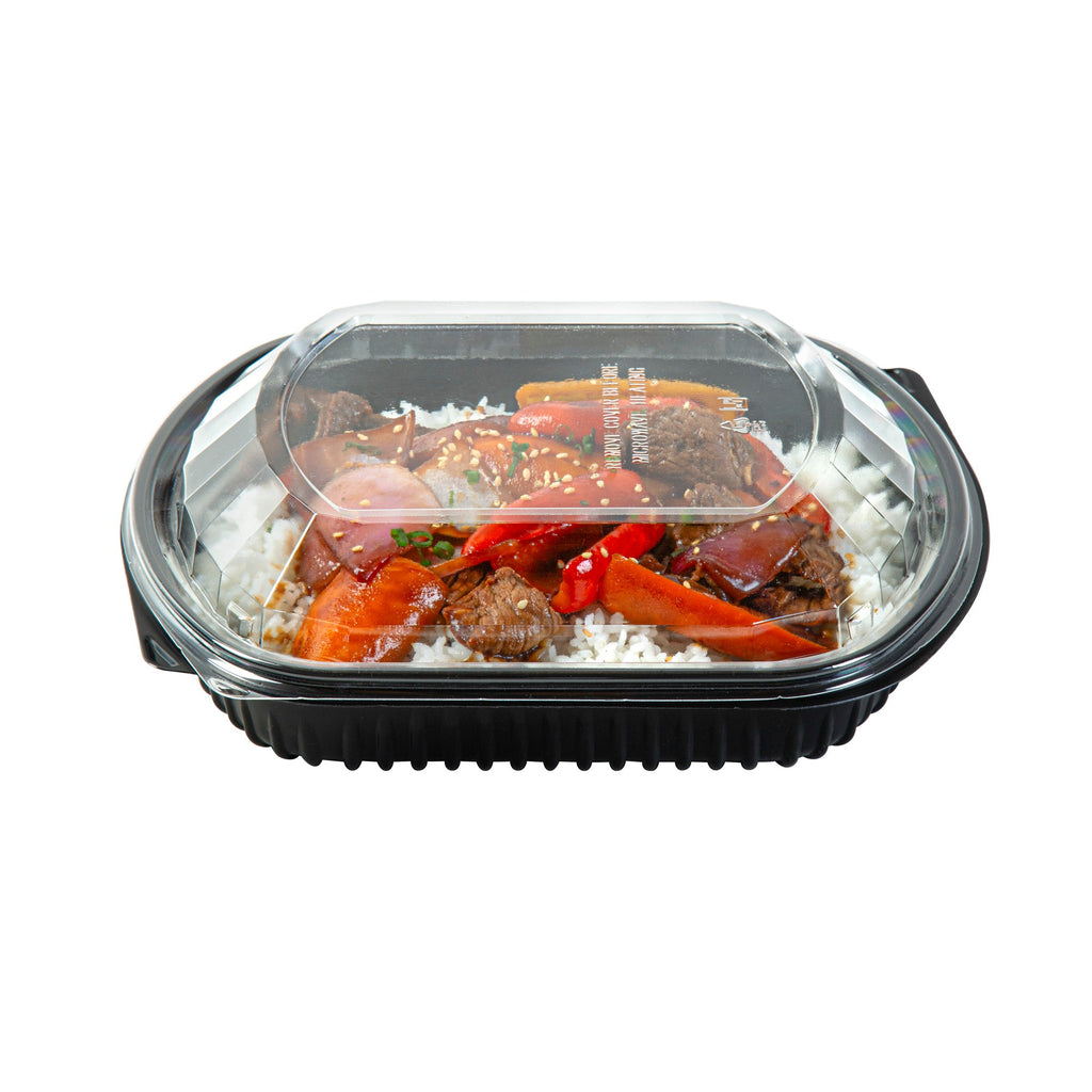 Chef 101 36 oz Rectangle Black Plastic Food Container - with Clear Lid, Microwavable - 9 1/4" x 7 3/4" x 2 3/4" - 50 count box