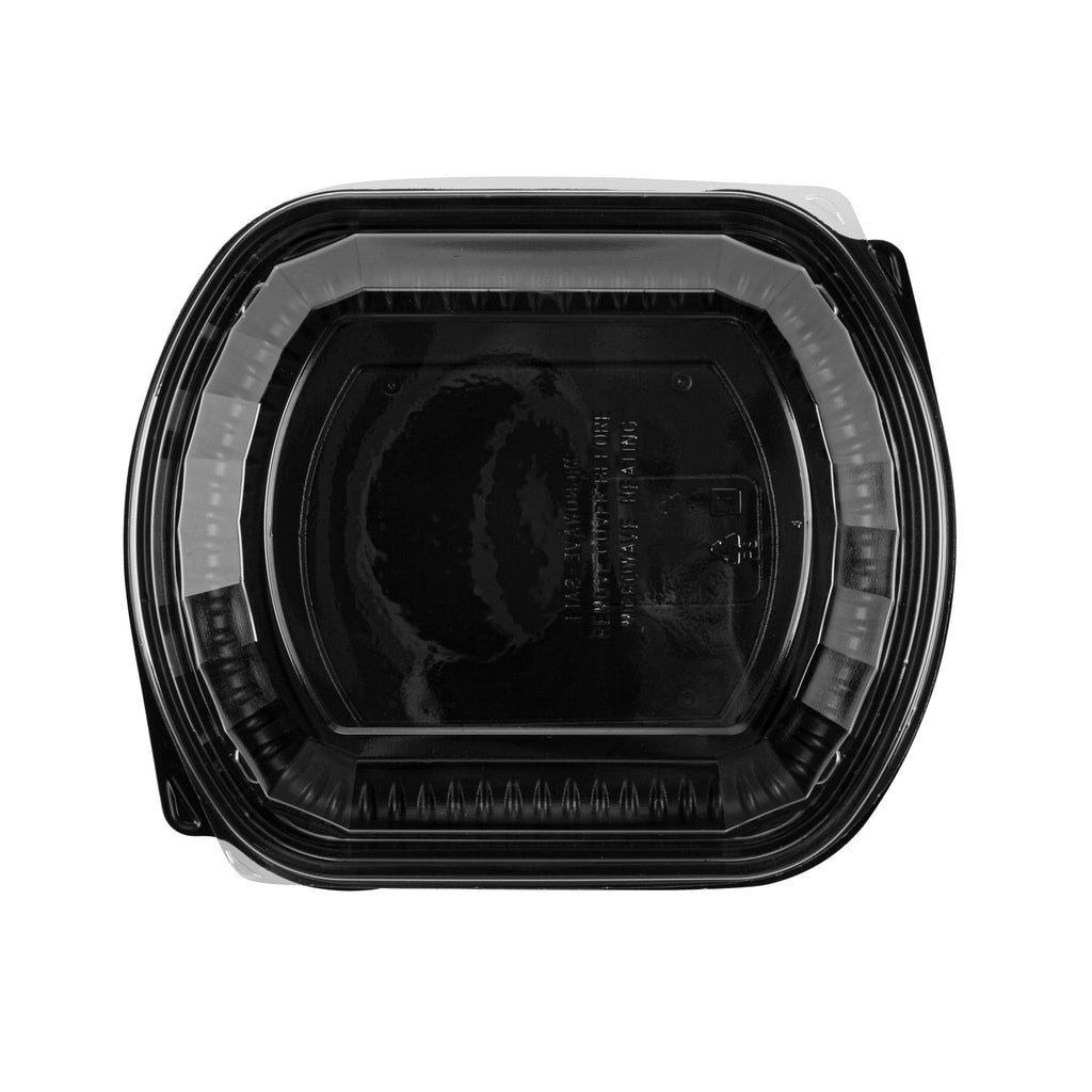 Chef 101 36 oz Rectangle Black Plastic Food Container - with Clear Lid, Microwavable - 9 1/4" x 7 3/4" x 2 3/4" - 50 count box