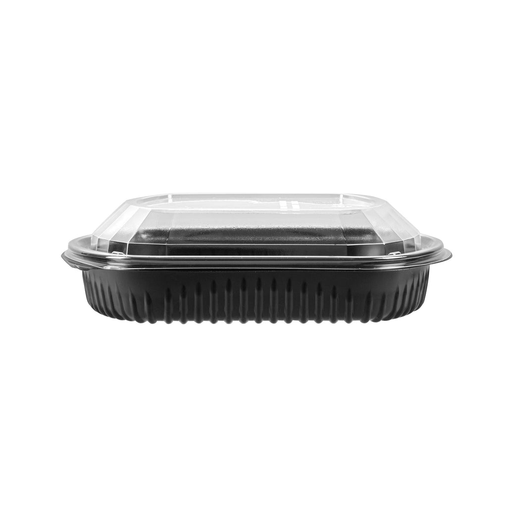 Chef 101 36 oz Rectangle Black Plastic Food Container - with Clear Lid, Microwavable - 9 1/4" x 7 3/4" x 2 3/4" - 100 count box