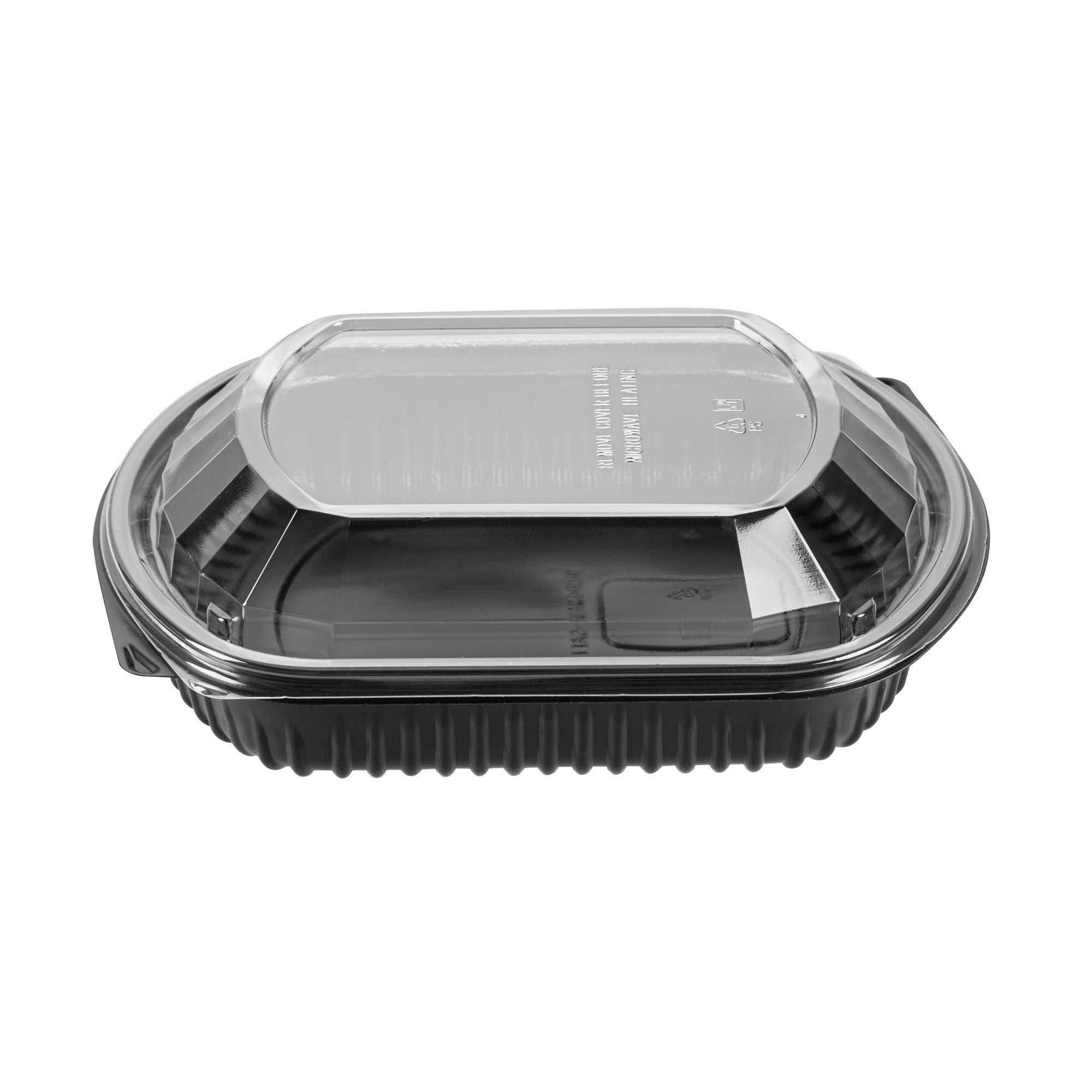 Chef 101 36 oz Rectangle Black Plastic Food Container - with Clear Lid, Microwavable - 9 1/4" x 7 3/4" x 2 3/4" - 100 count box