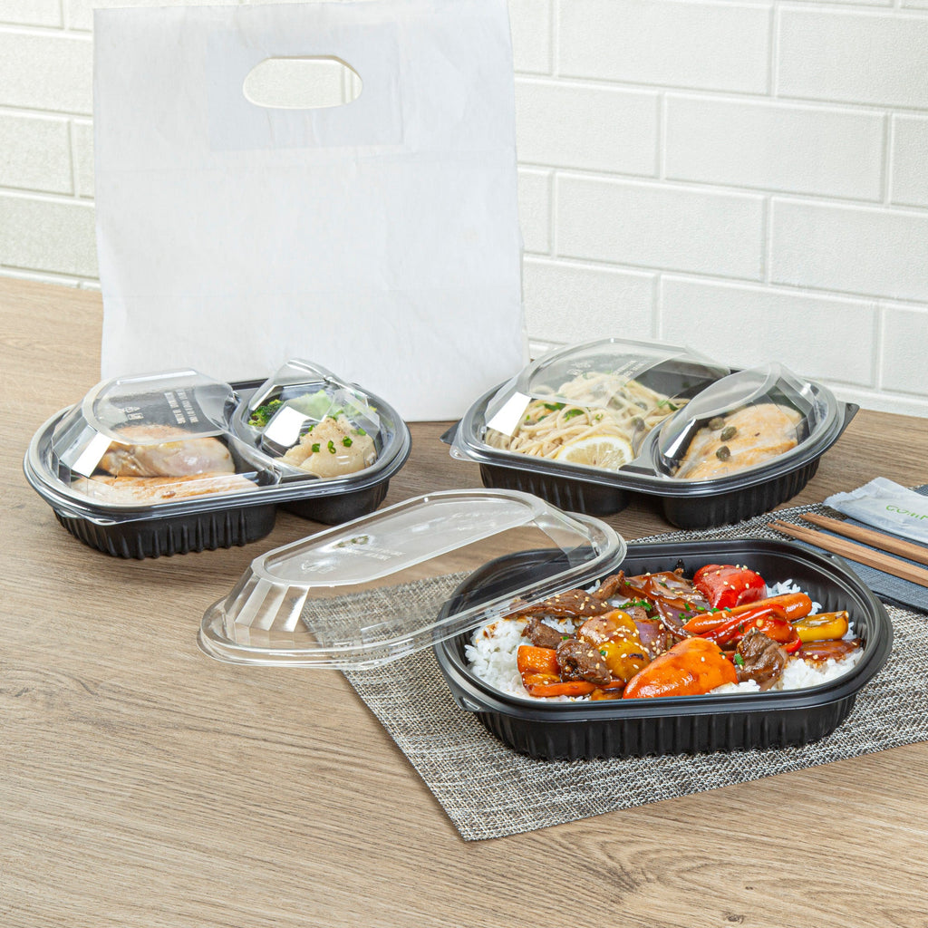 Chef 101 36 oz Rectangle Black Plastic Food Container - with Clear Lid, Microwavable - 9 1/4" x 7 3/4" x 2 3/4" - 100 count box