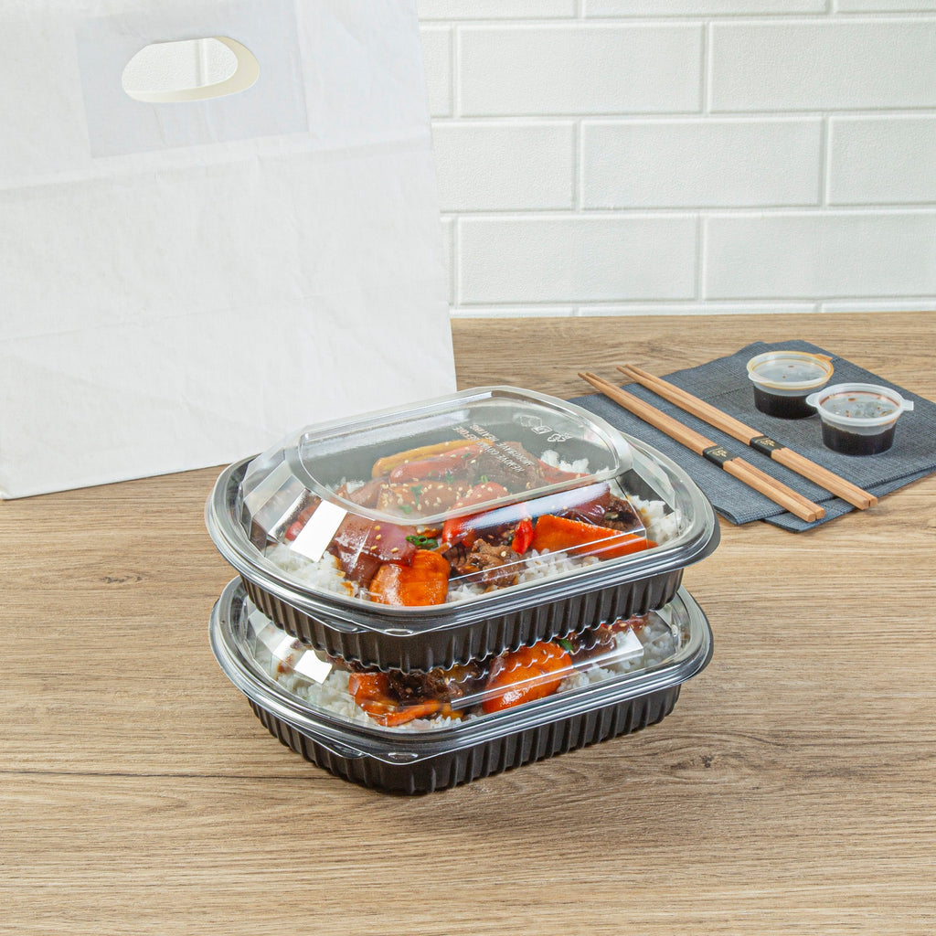Chef 101 36 oz Rectangle Black Plastic Food Container - with Clear Lid, Microwavable - 9 1/4" x 7 3/4" x 2 3/4" - 100 count box