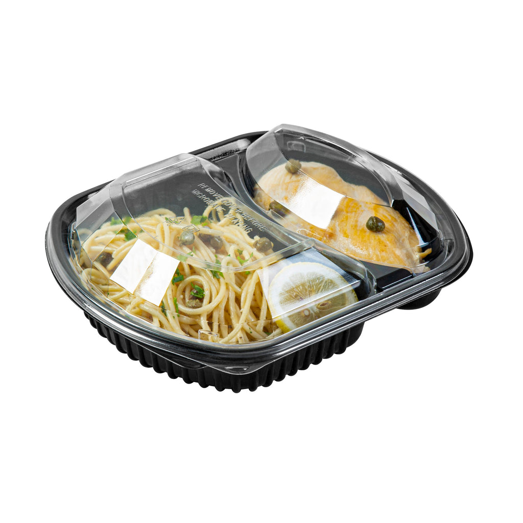 Chef 101 36 oz Rectangle Black Plastic Food Container - with Clear Lid, Microwavable, 2 Compartments - 9 1/4" x 8" x 2 3/4" - 100 count box