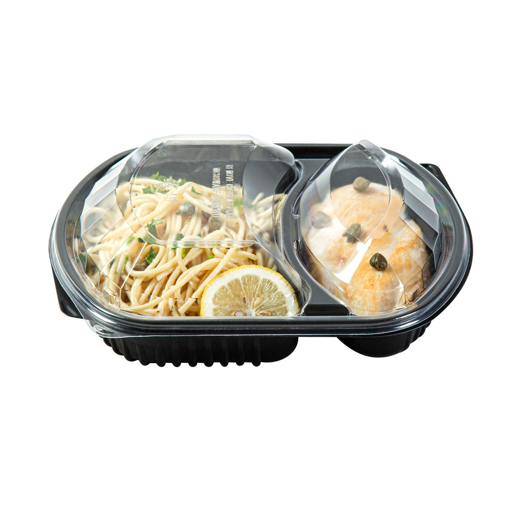 Chef 101 36 oz Rectangle Black Plastic Food Container - with Clear Lid, Microwavable, 2 Compartments - 9 1/4" x 8" x 2 3/4" - 50 count box