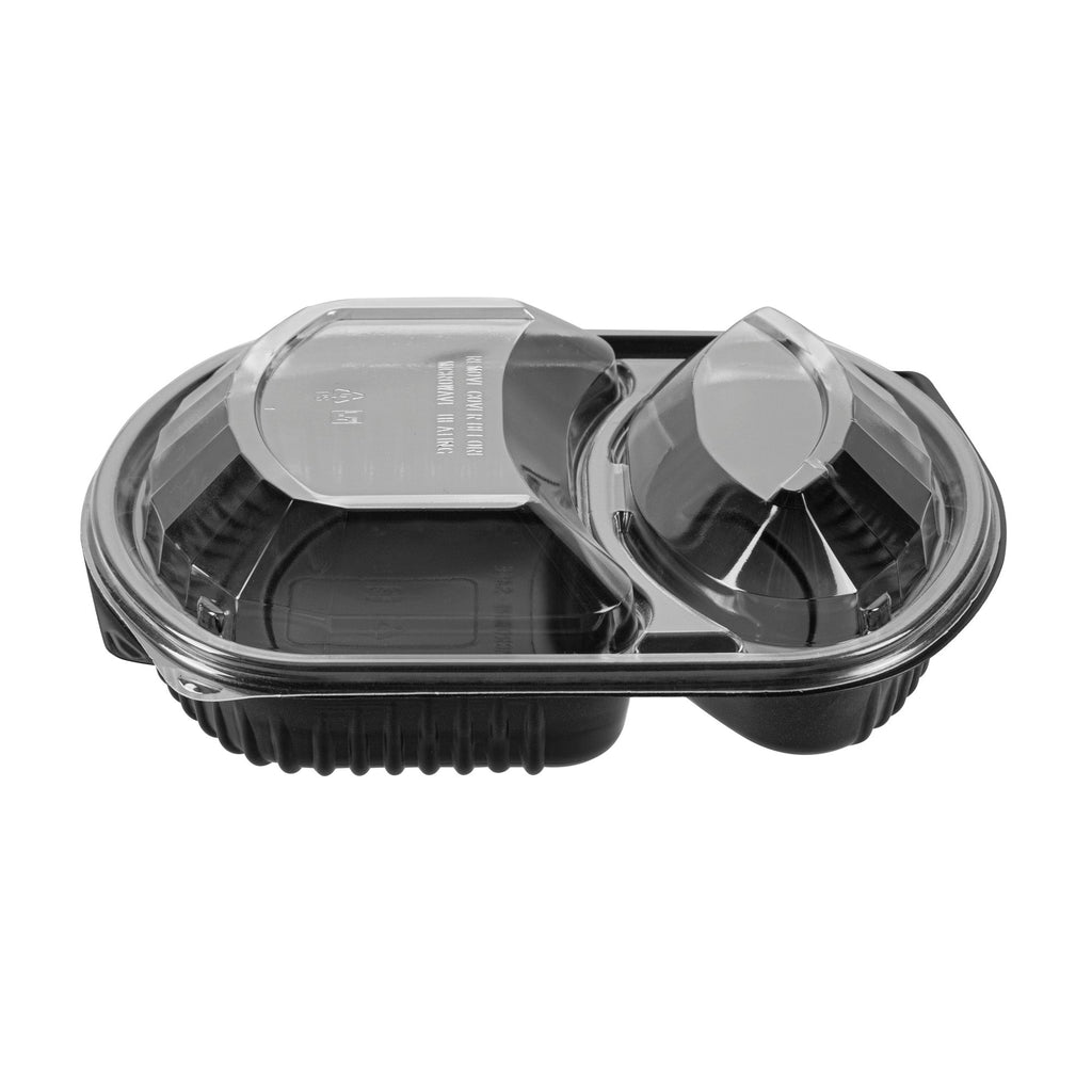 Chef 101 36 oz Rectangle Black Plastic Food Container - with Clear Lid, Microwavable, 2 Compartments - 9 1/4" x 8" x 2 3/4" - 50 count box