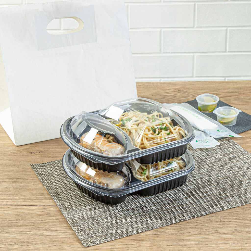 Chef 101 36 oz Rectangle Black Plastic Food Container - with Clear Lid, Microwavable, 2 Compartments - 9 1/4" x 8" x 2 3/4" - 50 count box