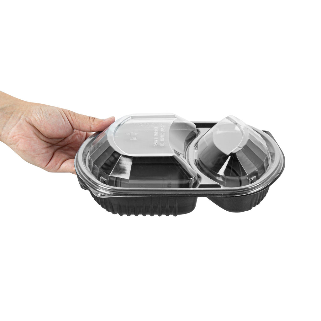 Chef 101 36 oz Rectangle Black Plastic Food Container - with Clear Lid, Microwavable, 2 Compartments - 9 1/4" x 8" x 2 3/4" - 100 count box