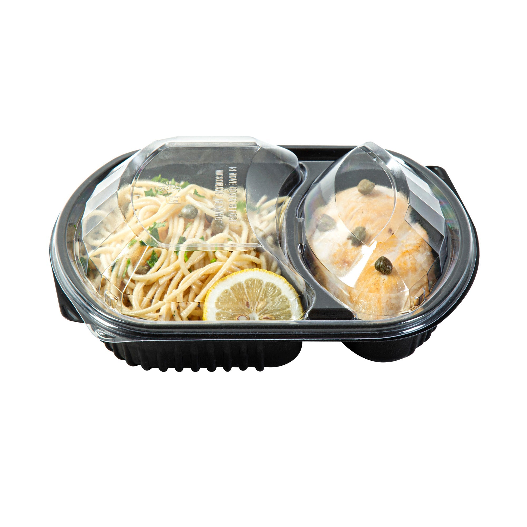 Chef 101 36 oz Rectangle Black Plastic Food Container - with Clear Lid, Microwavable, 2 Compartments - 9 1/4" x 8" x 2 3/4" - 100 count box