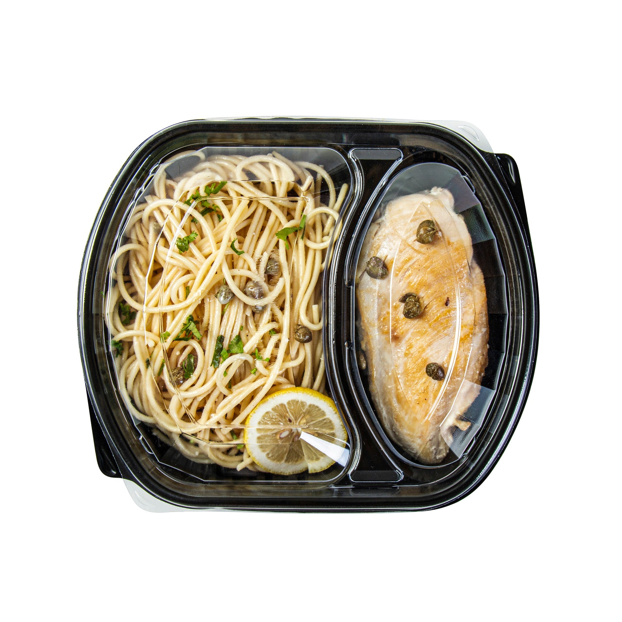 Chef 101 36 oz Rectangle Black Plastic Food Container - with Clear Lid, Microwavable, 2 Compartments - 9 1/4" x 8" x 2 3/4" - 100 count box