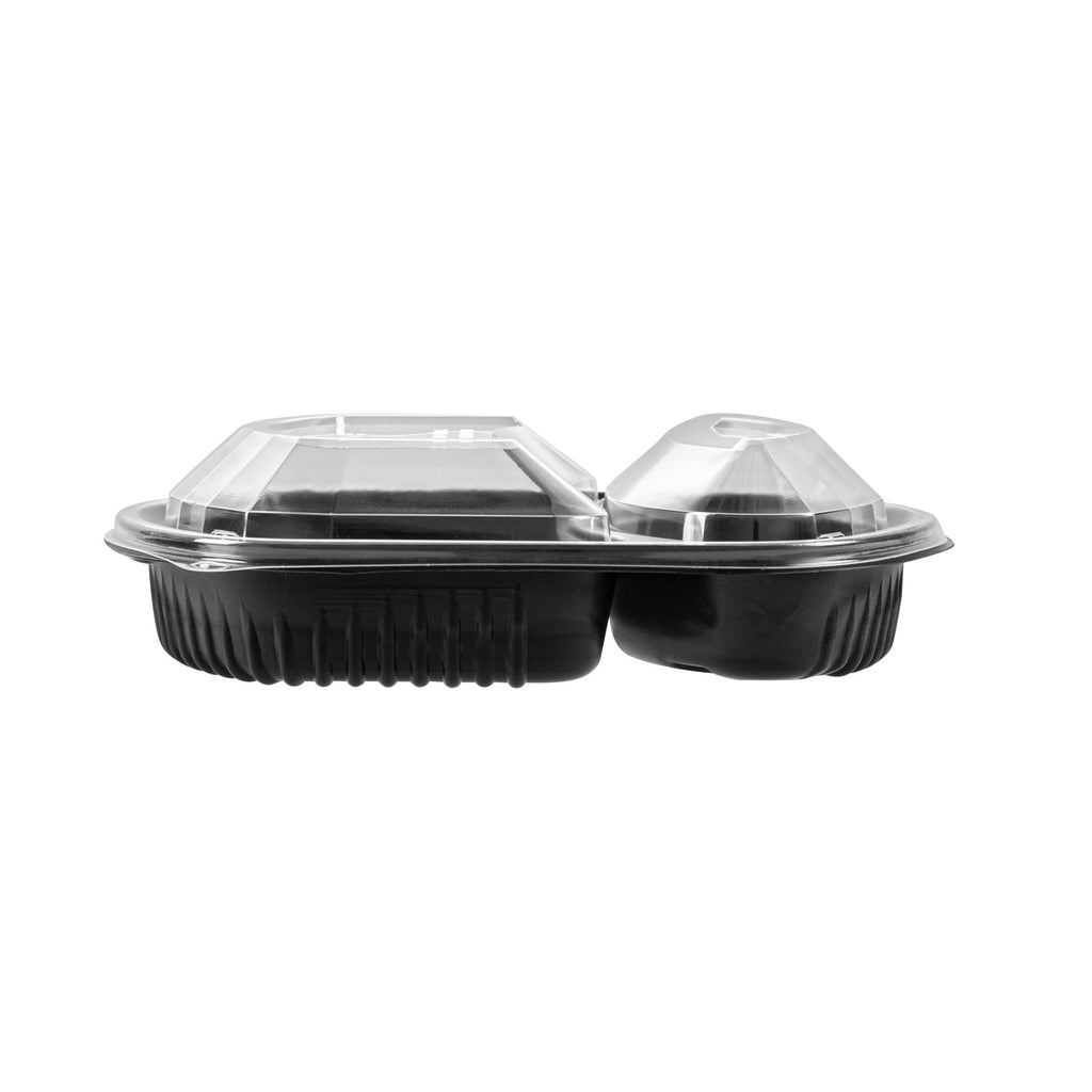 Chef 101 36 oz Rectangle Black Plastic Food Container - with Clear Lid, Microwavable, 2 Compartments - 9 1/4" x 8" x 2 3/4" - 100 count box