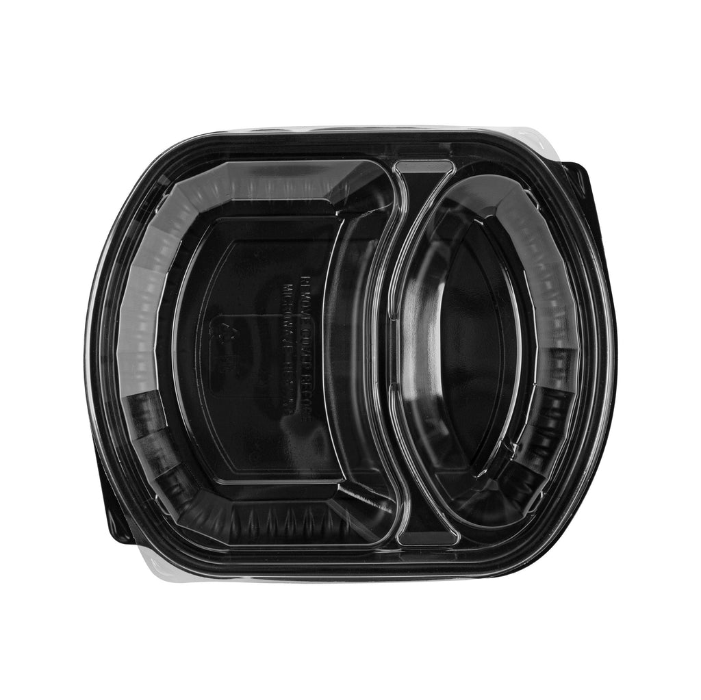 Chef 101 36 oz Rectangle Black Plastic Food Container - with Clear Lid, Microwavable, 2 Compartments - 9 1/4" x 8" x 2 3/4" - 100 count box
