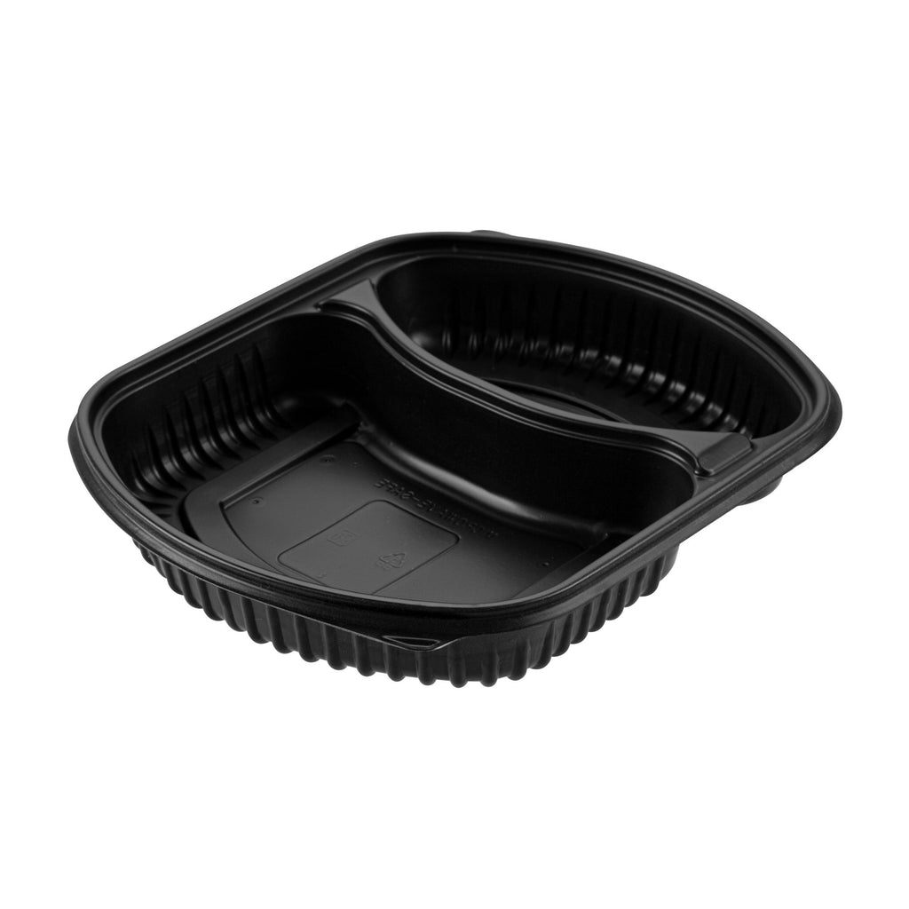 Chef 101 36 oz Rectangle Black Plastic Food Container - with Clear Lid, Microwavable, 2 Compartments - 9 1/4" x 8" x 2 3/4" - 100 count box