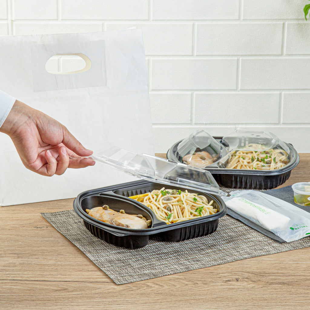 Chef 101 36 oz Rectangle Black Plastic Food Container - with Clear Lid, Microwavable, 2 Compartments - 9 1/4" x 8" x 2 3/4" - 100 count box