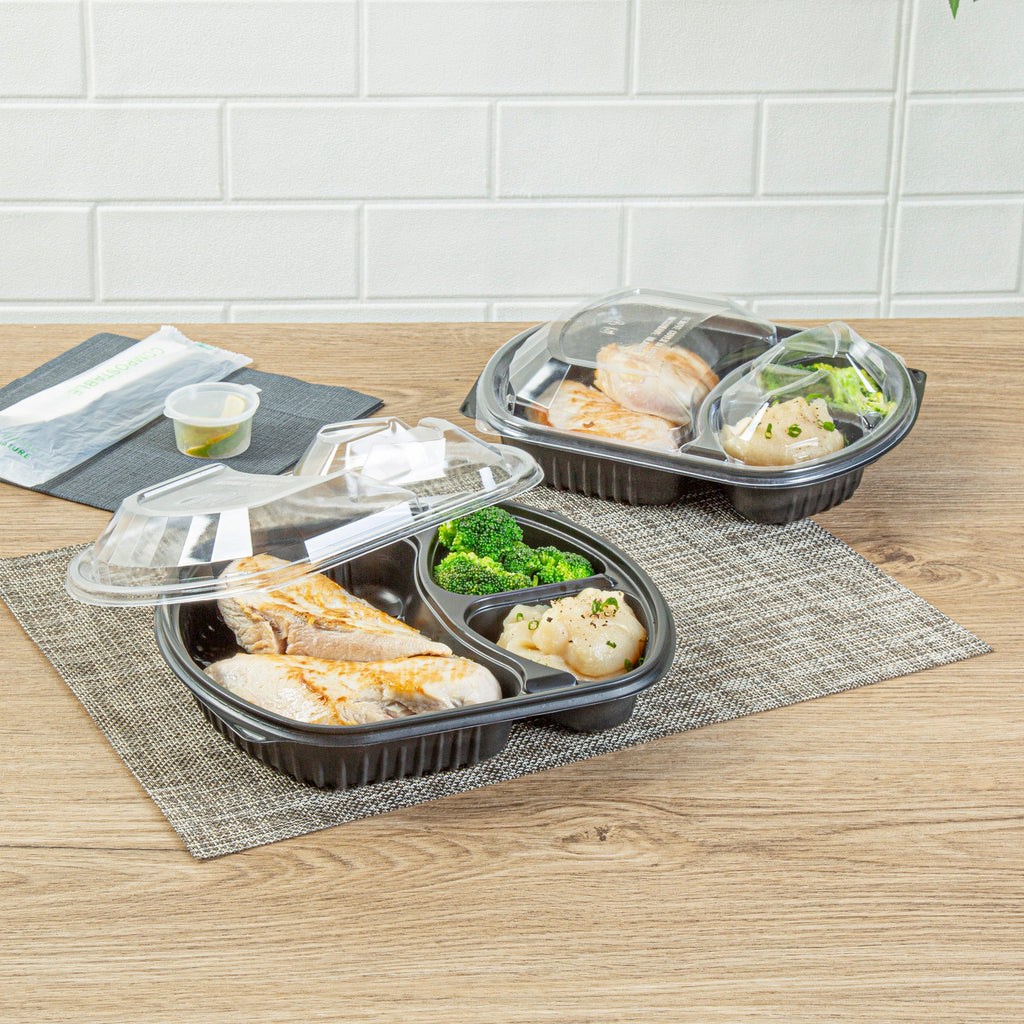 Chef 101 36 oz Rectangle Black Plastic Food Container - with Clear Lid, Microwavable, 3 Compartments - 9 1/4" x 8" x 2 3/4" - 100 count box