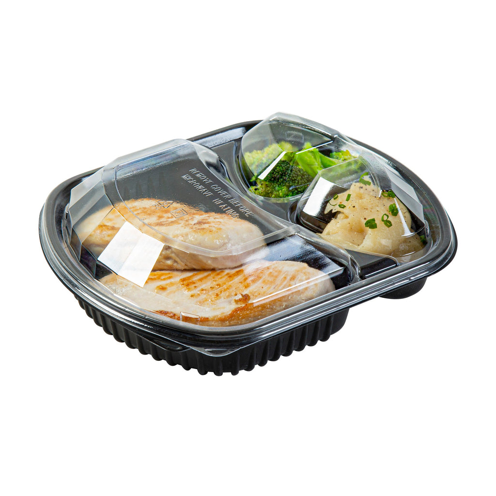 Chef 101 36 oz Rectangle Black Plastic Food Container - with Clear Lid, Microwavable, 3 Compartments - 9 1/4" x 8" x 2 3/4" - 50 count box