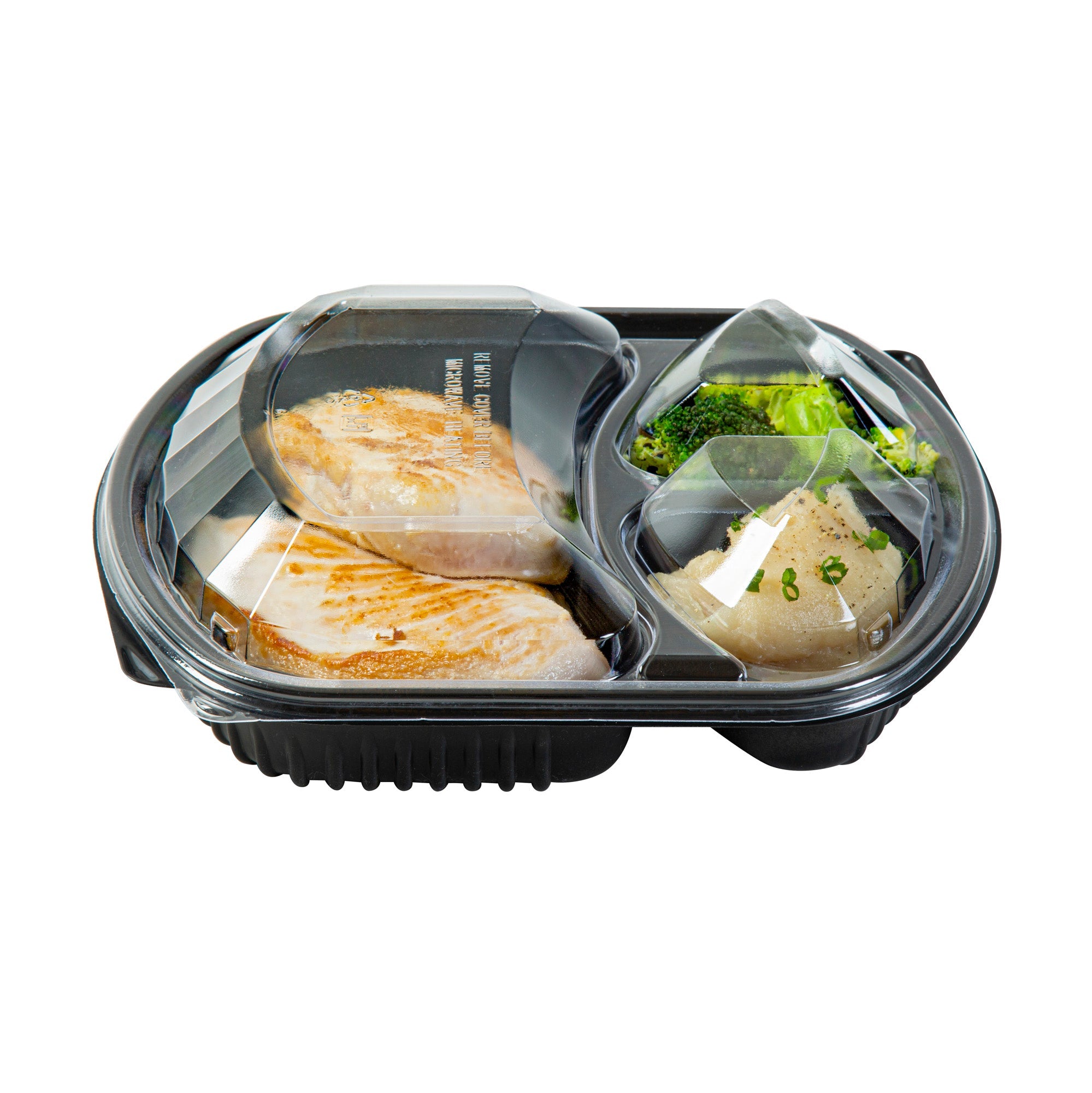 Chef 101 36 oz Rectangle Black Plastic Food Container - with Clear Lid, Microwavable, 3 Compartments - 9 1/4" x 8" x 2 3/4" - 50 count box