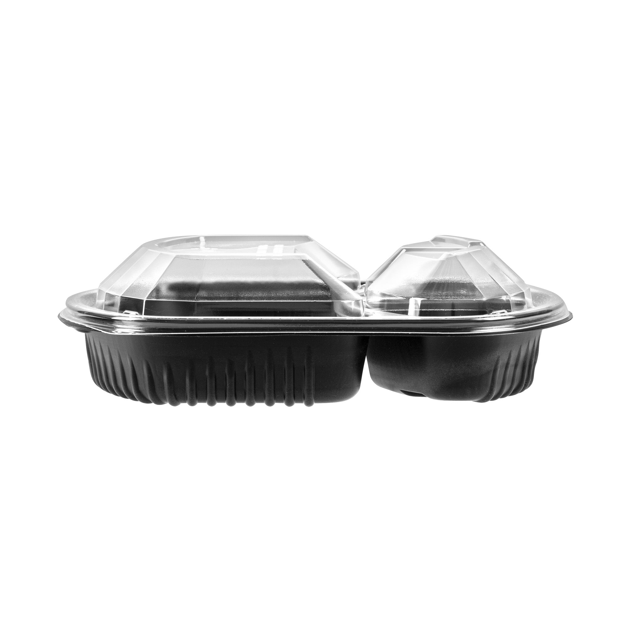 Chef 101 36 oz Rectangle Black Plastic Food Container - with Clear Lid, Microwavable, 3 Compartments - 9 1/4" x 8" x 2 3/4" - 50 count box