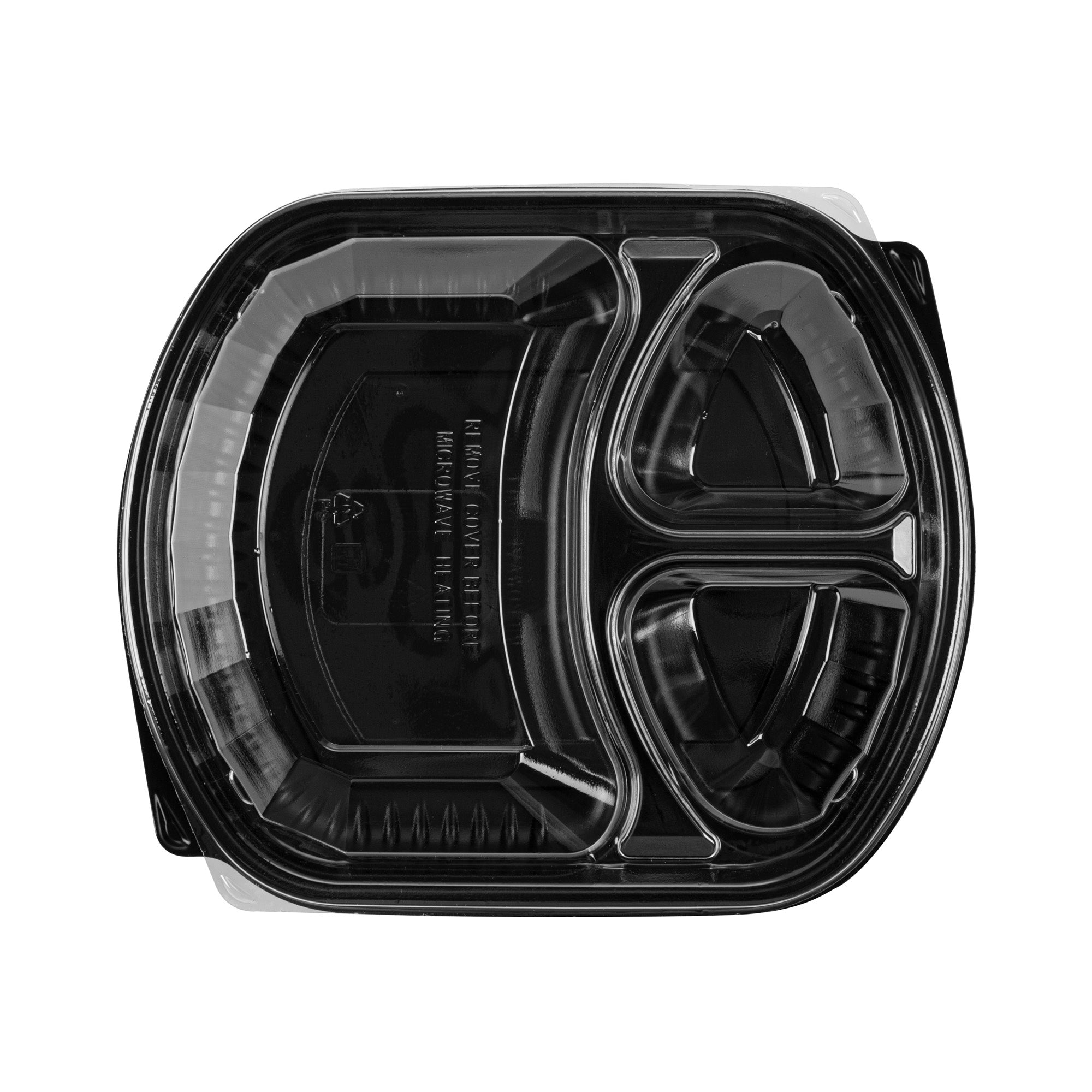 Chef 101 36 oz Rectangle Black Plastic Food Container - with Clear Lid, Microwavable, 3 Compartments - 9 1/4" x 8" x 2 3/4" - 50 count box
