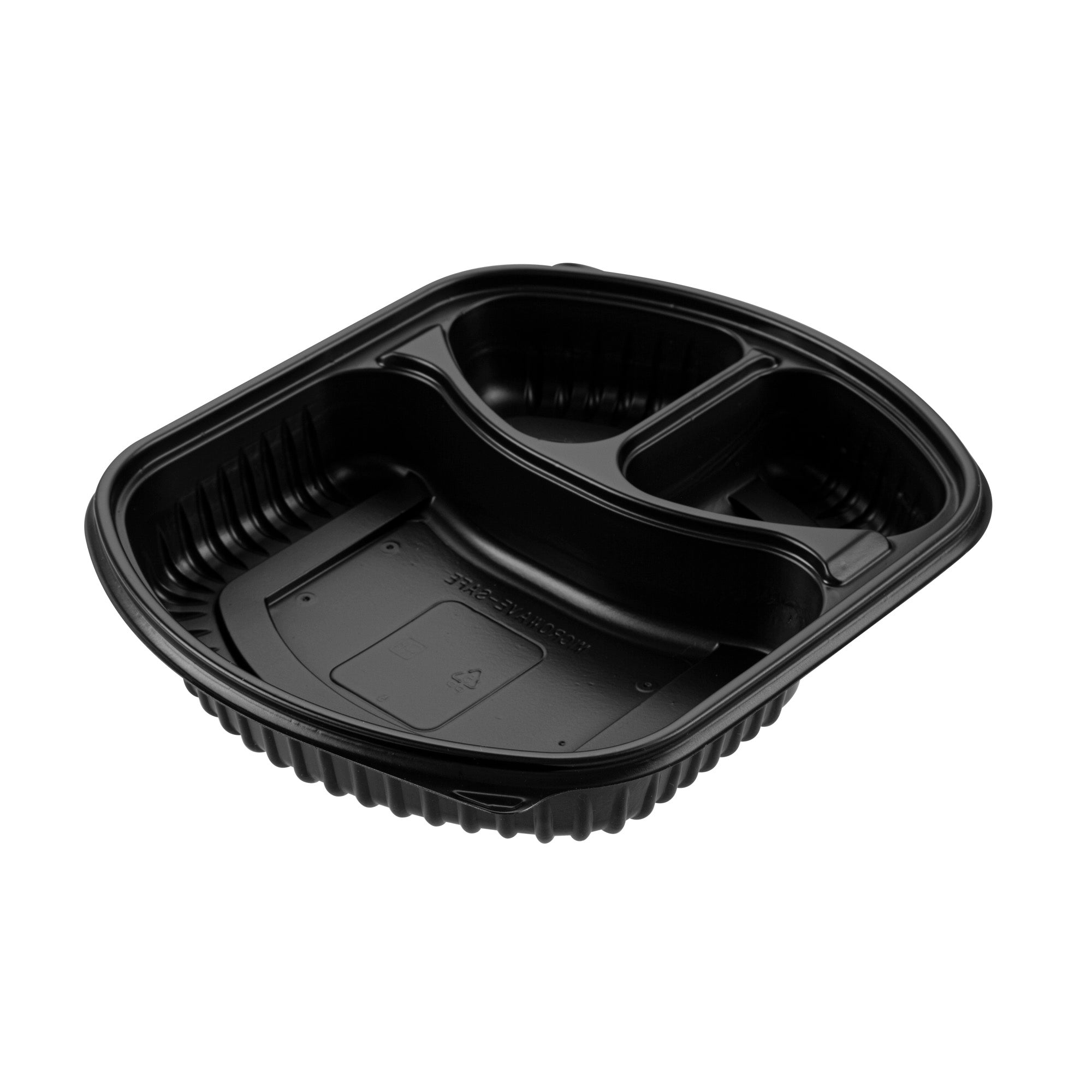 Chef 101 36 oz Rectangle Black Plastic Food Container - with Clear Lid, Microwavable, 3 Compartments - 9 1/4" x 8" x 2 3/4" - 50 count box