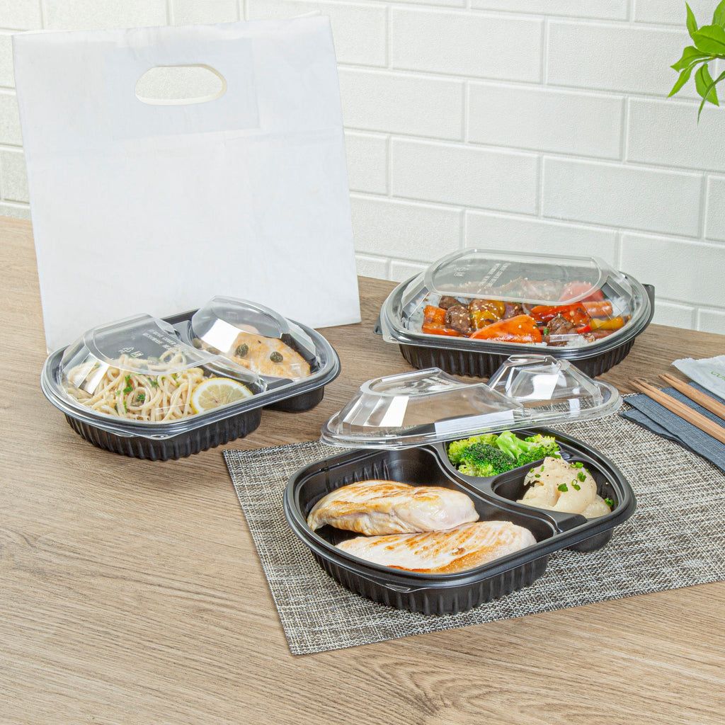 Chef 101 36 oz Rectangle Black Plastic Food Container - with Clear Lid, Microwavable, 3 Compartments - 9 1/4" x 8" x 2 3/4" - 50 count box