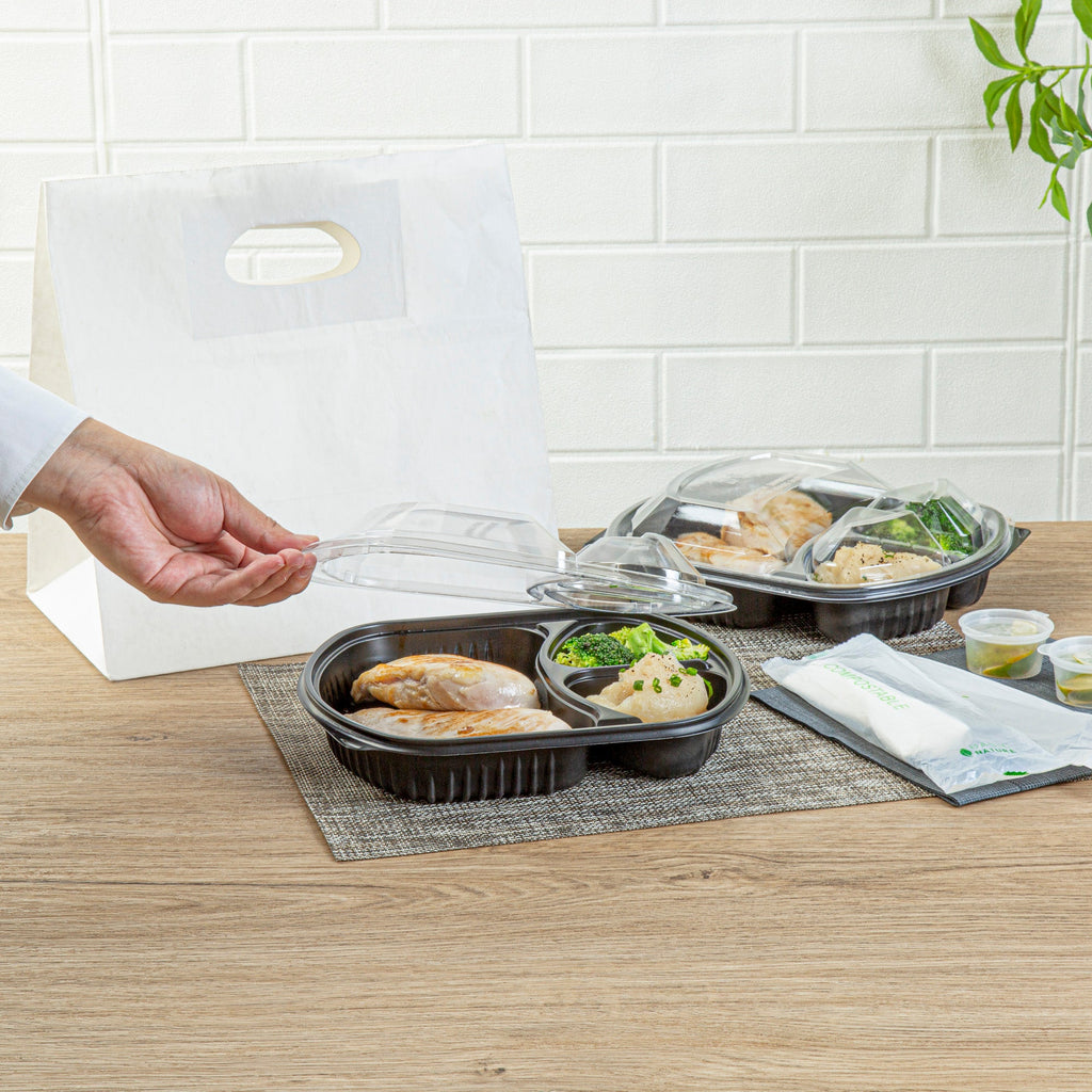 Chef 101 36 oz Rectangle Black Plastic Food Container - with Clear Lid, Microwavable, 3 Compartments - 9 1/4" x 8" x 2 3/4" - 50 count box