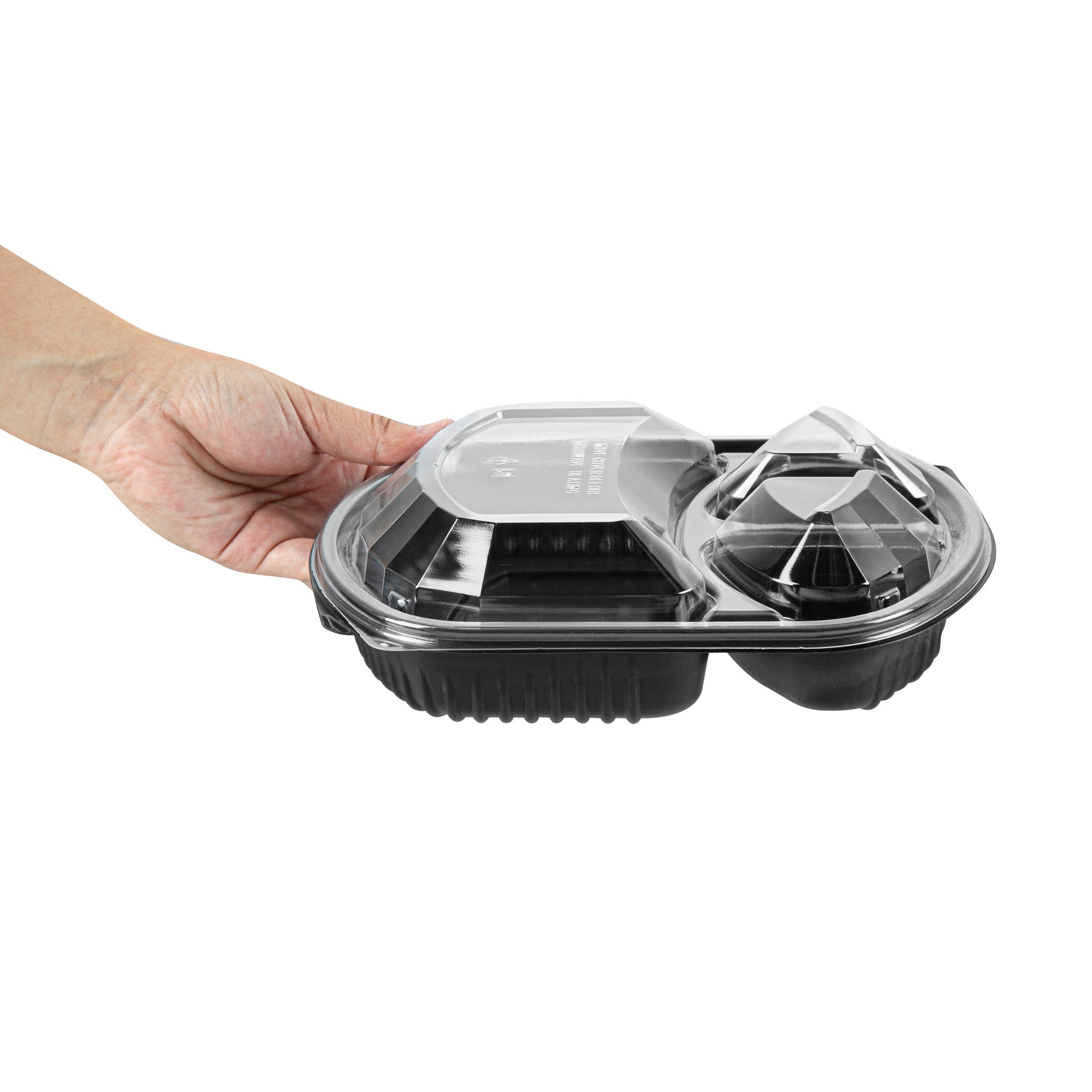 Chef 101 36 oz Rectangle Black Plastic Food Container - with Clear Lid, Microwavable, 3 Compartments - 9 1/4" x 8" x 2 3/4" - 100 count box