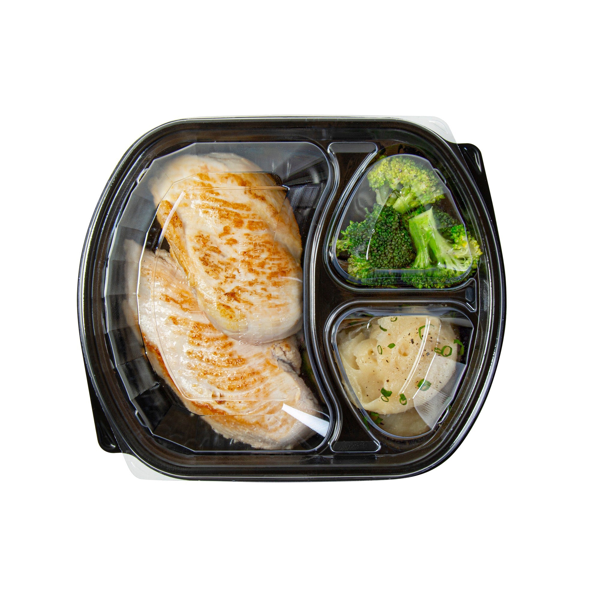 Chef 101 36 oz Rectangle Black Plastic Food Container - with Clear Lid, Microwavable, 3 Compartments - 9 1/4" x 8" x 2 3/4" - 100 count box