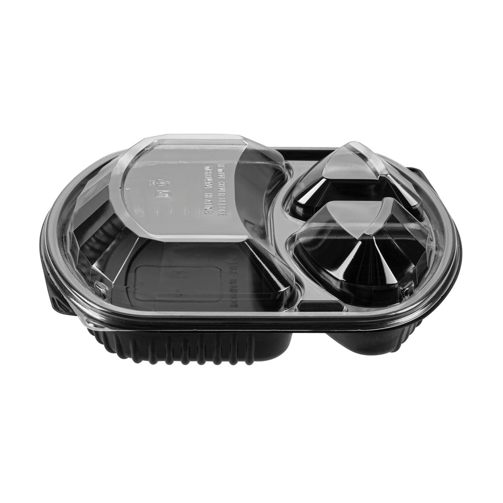 Chef 101 36 oz Rectangle Black Plastic Food Container - with Clear Lid, Microwavable, 3 Compartments - 9 1/4" x 8" x 2 3/4" - 100 count box