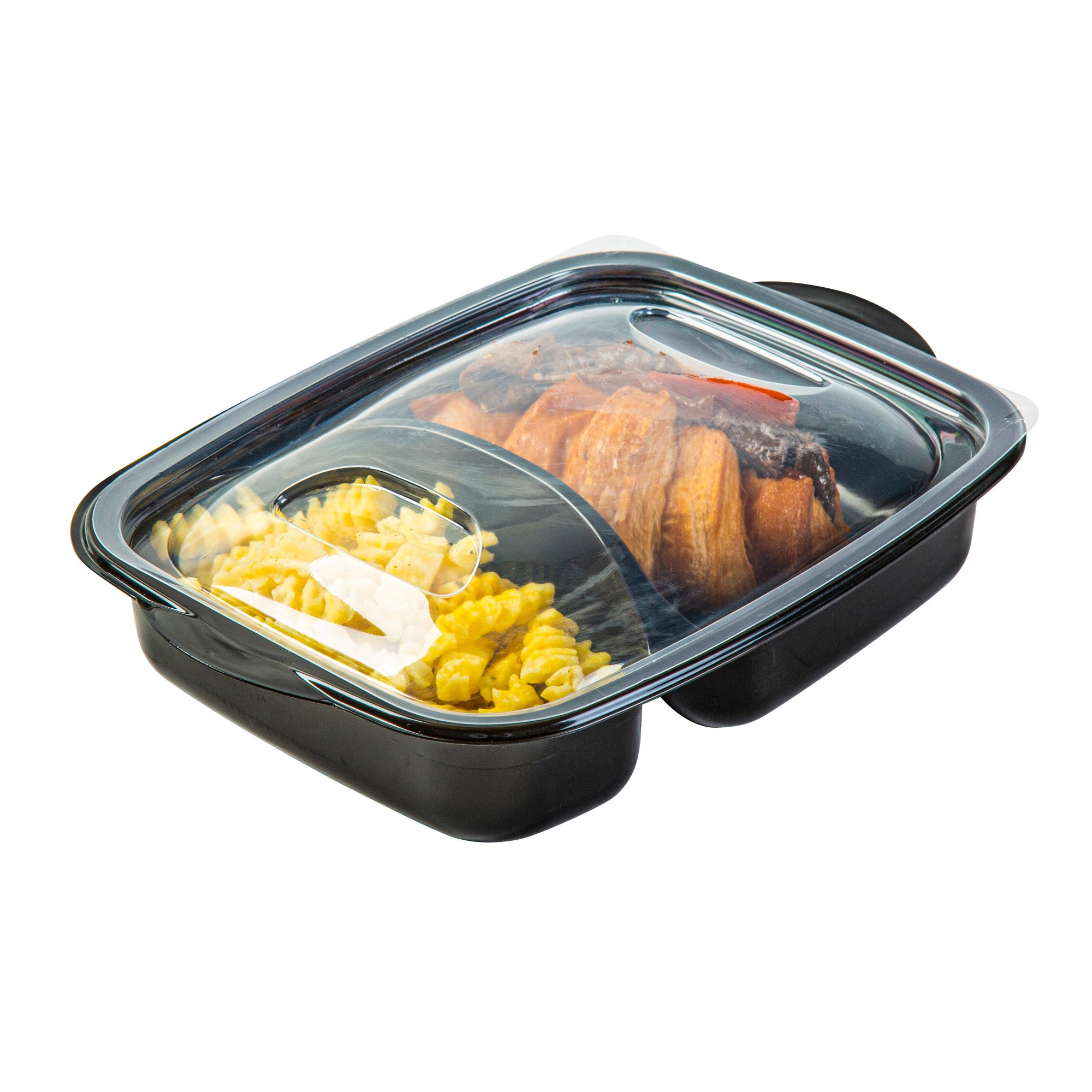 Chef 101 36 oz Rectangle Black Plastic Food Container - with Clear Lid, Microwavable, 2 Compartments - 8 3/4" x 7" x 2 1/4" - 100 count box