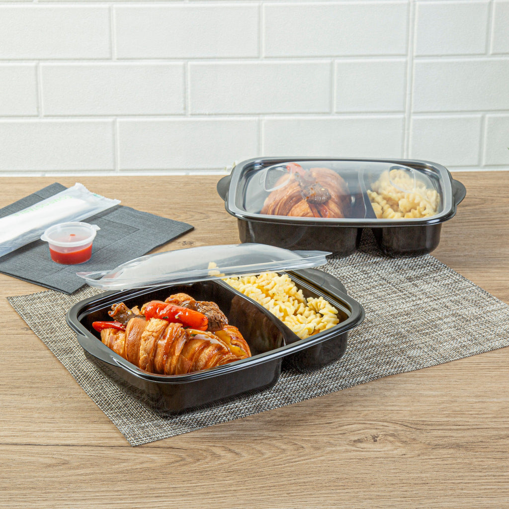 Chef 101 36 oz Rectangle Black Plastic Food Container - with Clear Lid, Microwavable, 2 Compartments - 8 3/4" x 7" x 2 1/4" - 100 count box