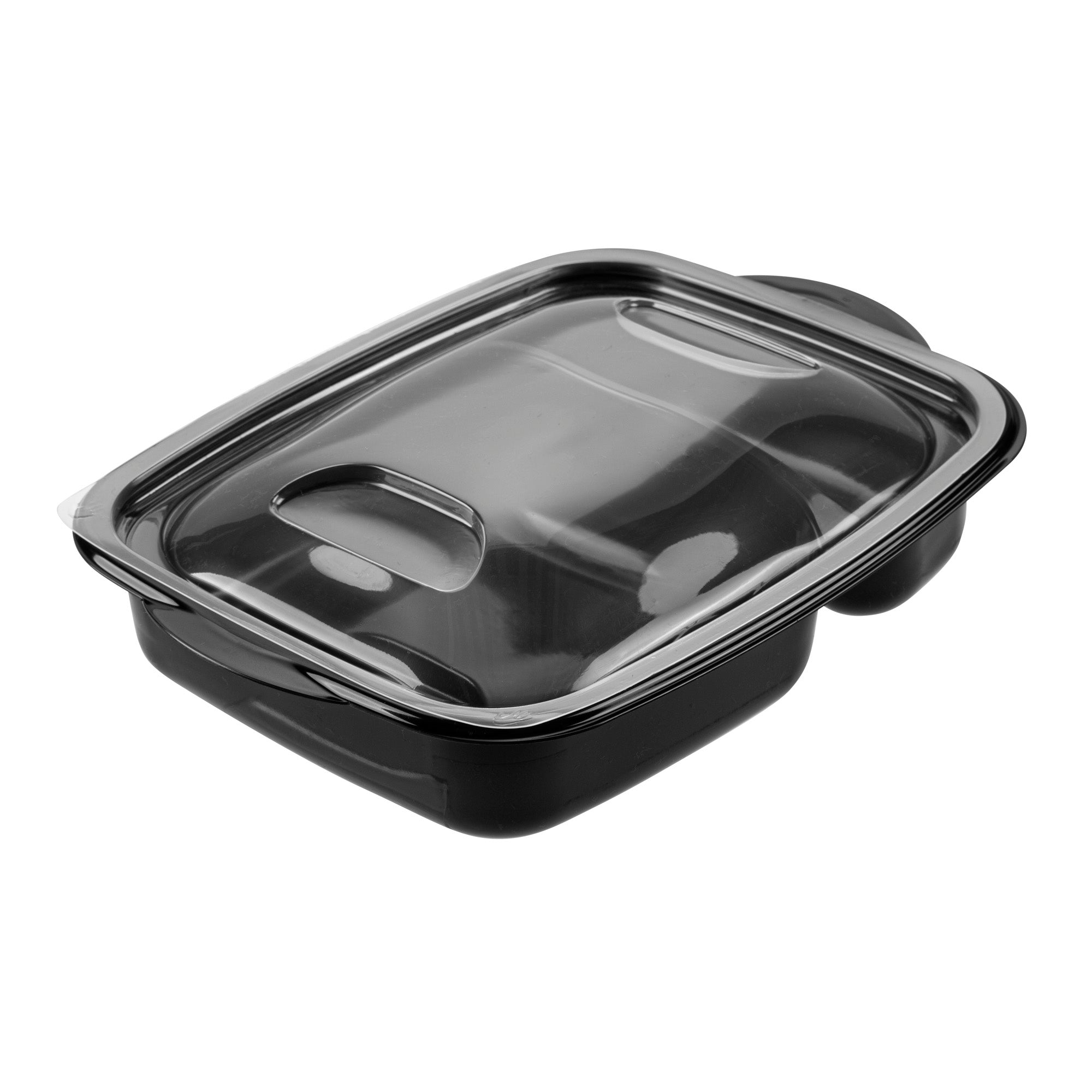 Chef 101 36 oz Rectangle Black Plastic Food Container - with Clear Lid, Microwavable, 2 Compartments - 8 3/4" x 7" x 2 1/4" - 50 count box