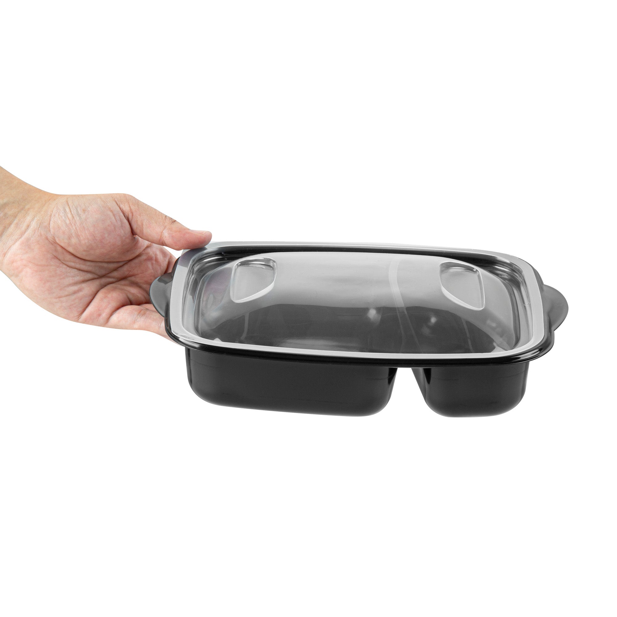Chef 101 36 oz Rectangle Black Plastic Food Container - with Clear Lid, Microwavable, 2 Compartments - 8 3/4" x 7" x 2 1/4" - 50 count box